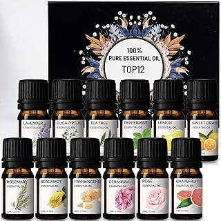 Essential Oils Set 100% Pure Oils Top 12 Oils Gift Kit for Diffuser Home Lavender,Peppermint,Eucalyptus,Lemongrass,Orange,Rosemary,Grapefruit,Frankincense,Geranium,Rose,Bergamot 12x10ml