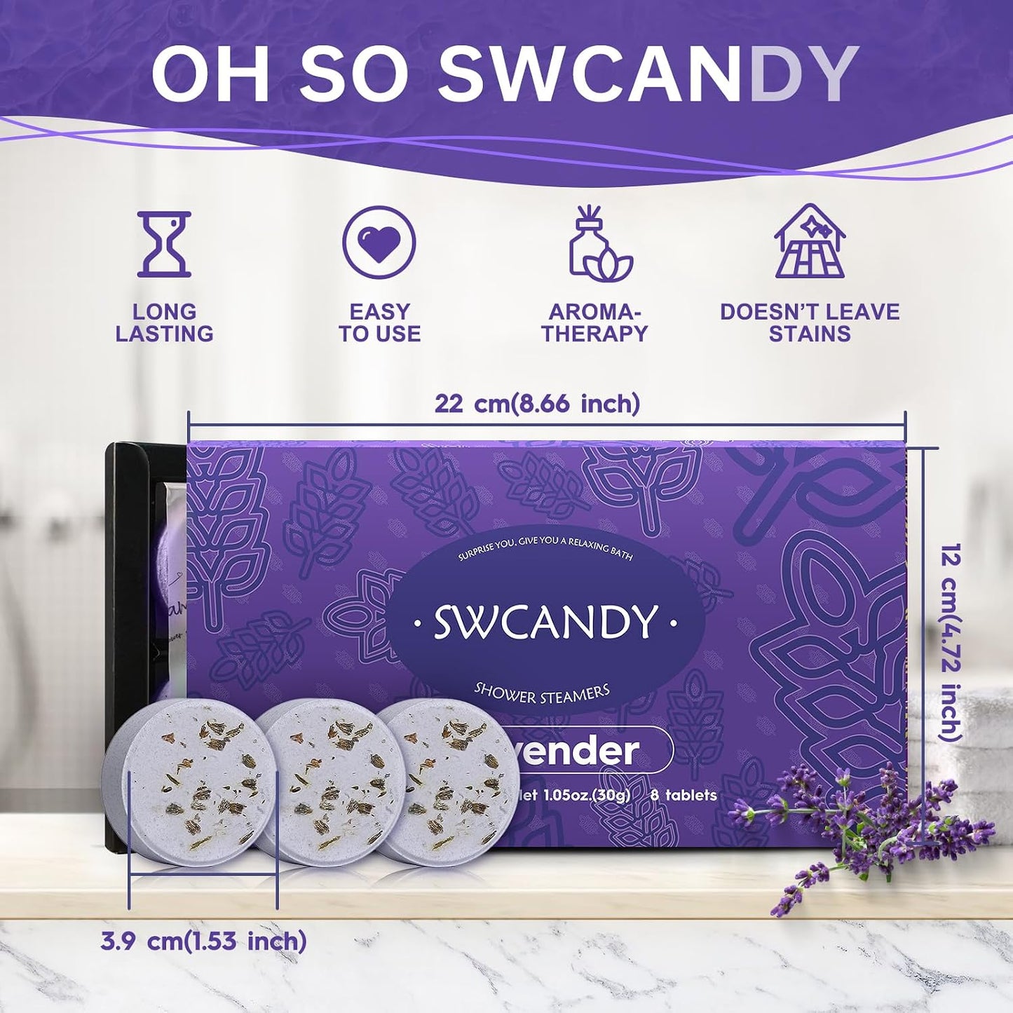 SWCANDY Shower Steamers Aromatherapy Travel Essentials Birthday Gifts for Women, Lavender 8 Pcs, Bath Bombs Shower Bombs with Natural Essential Oils, Relaxation Home SPA