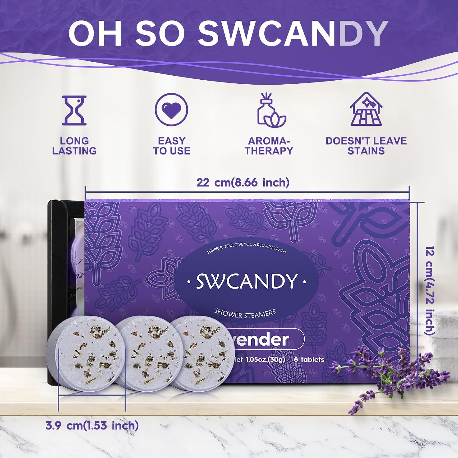 SWCANDY Shower Steamers Aromatherapy Travel Essentials Birthday Gifts for Women, Lavender 8 Pcs, Bath Bombs Shower Bombs with Natural Essential Oils, Relaxation Home SPA
