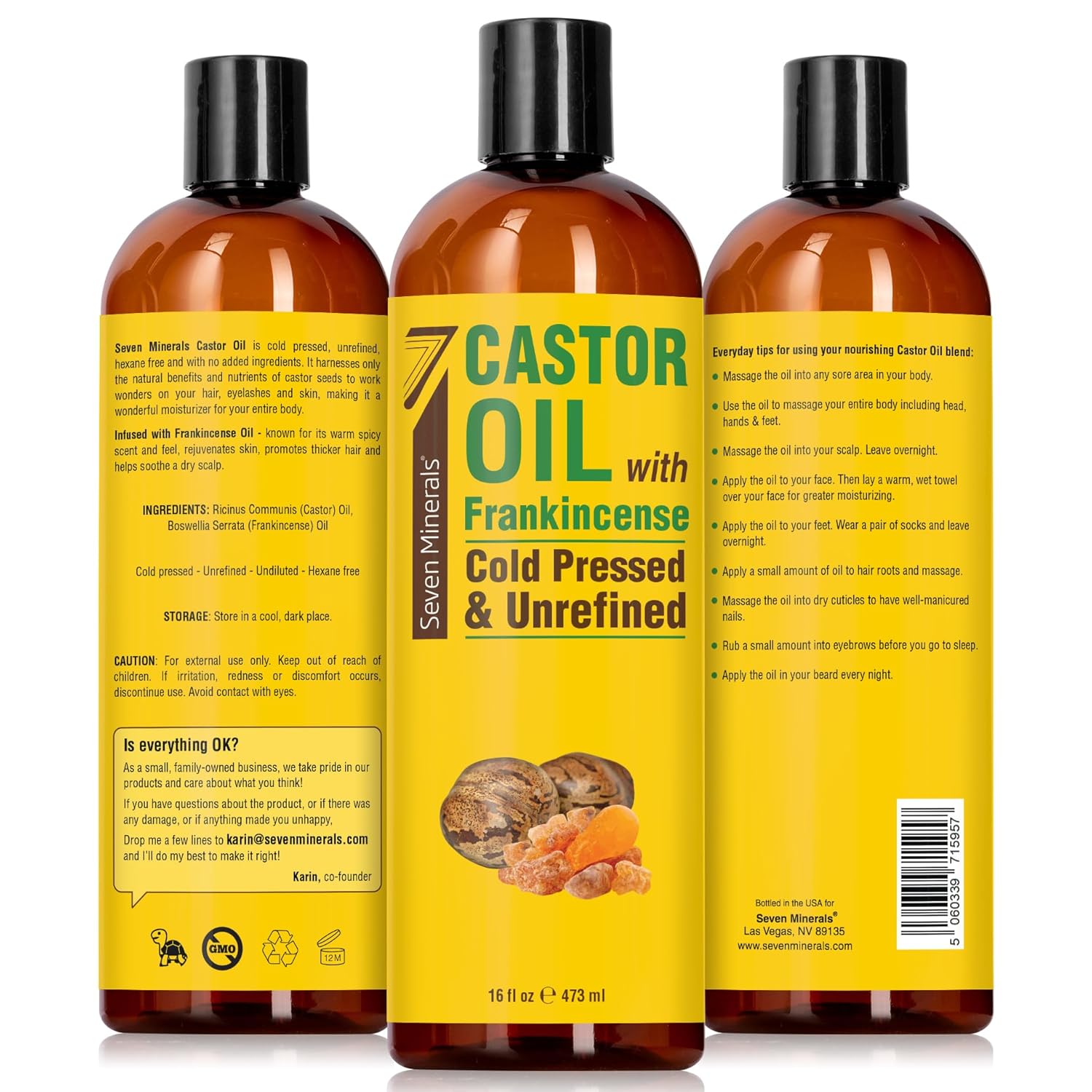Seven Minerals Cold Pressed Castor Oil with Frankincense - 16 fl oz Bottle - Unrefined & Hexane Free - Hair Growth, Thicker Eyelashes & Eyebrows, Dry Skin Care, Joint and Muscle Relief (Pack of 1)