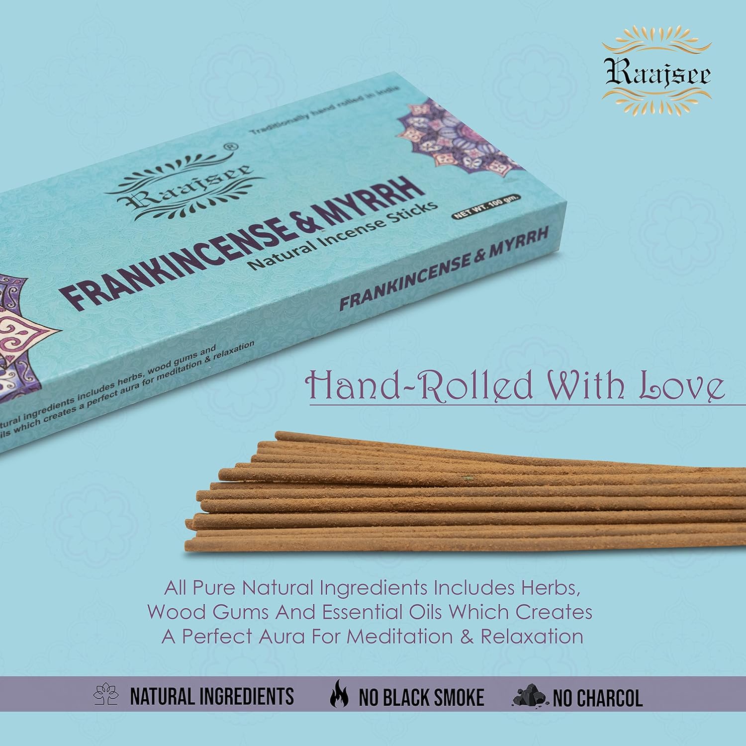 Pure Frankincense & Myrrh Incense Sticks, 100%-Natural Charcoal Free Organic Non Toxic Clean Burning Handmade Insence Sticks 100 gm Pack, Meditation Gifts – Spritual Cleansing