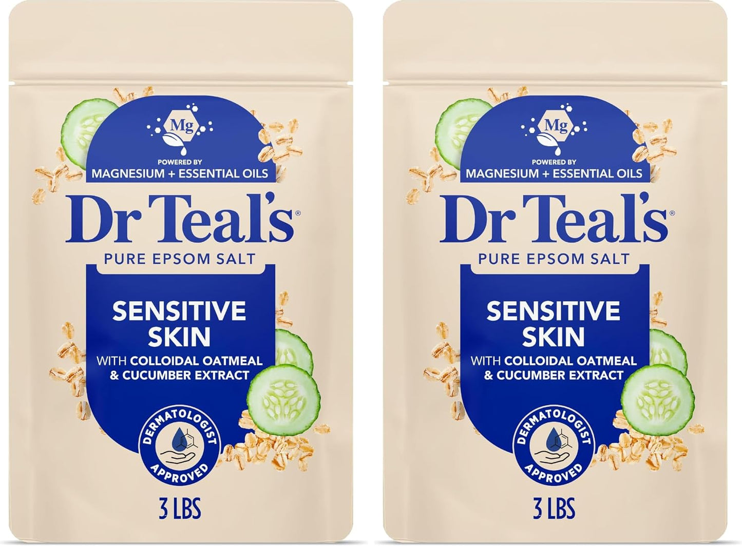Dr Teal's Epsom Salt Magnesium Soak, Sensitive Skin with Colloidal Oatmeal & Cucumber Extract, 3 lbs (Pack of 2)