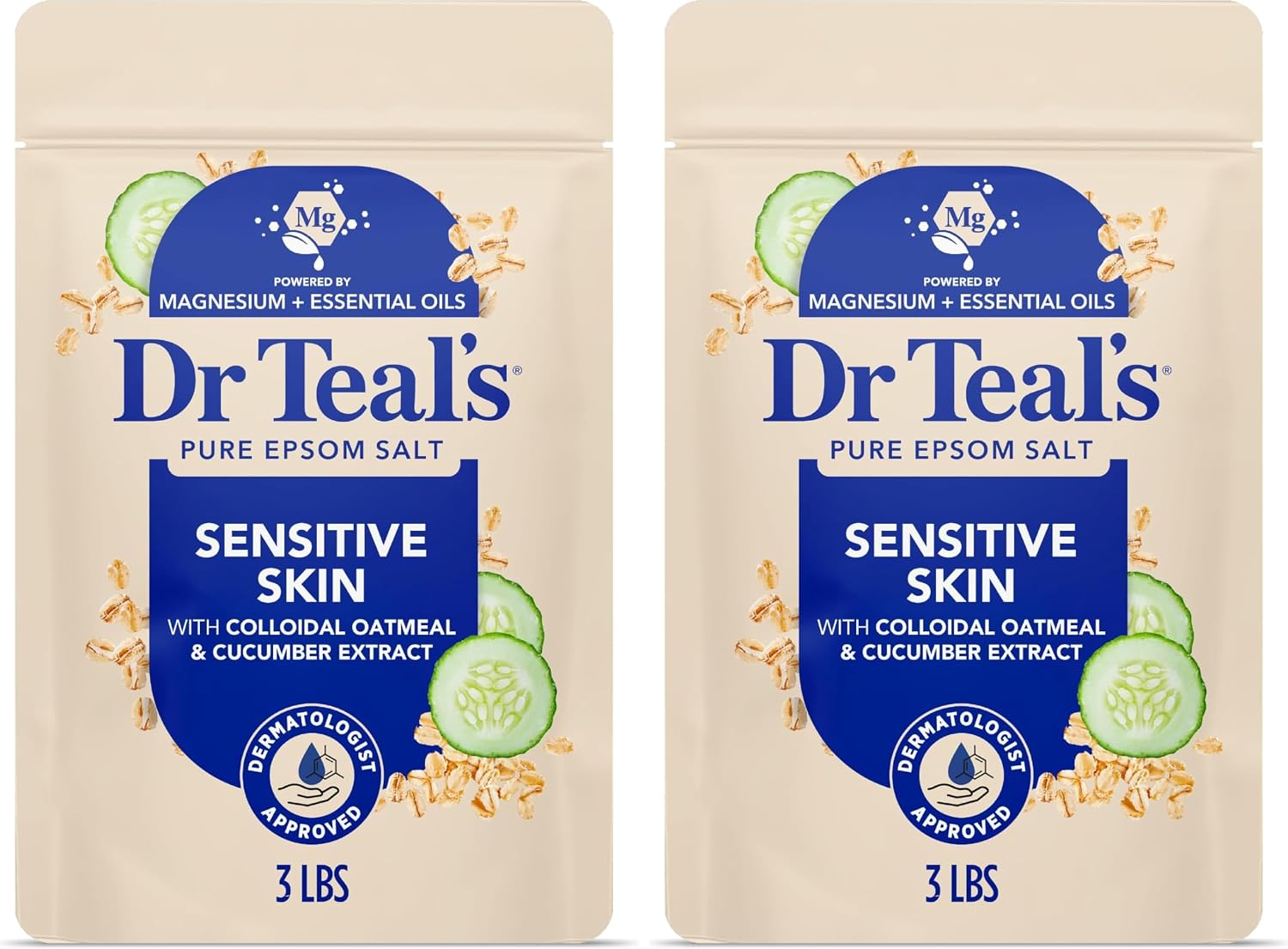 Dr Teal's Epsom Salt Magnesium Soak, Sensitive Skin with Colloidal Oatmeal & Cucumber Extract, 3 lbs (Pack of 2)