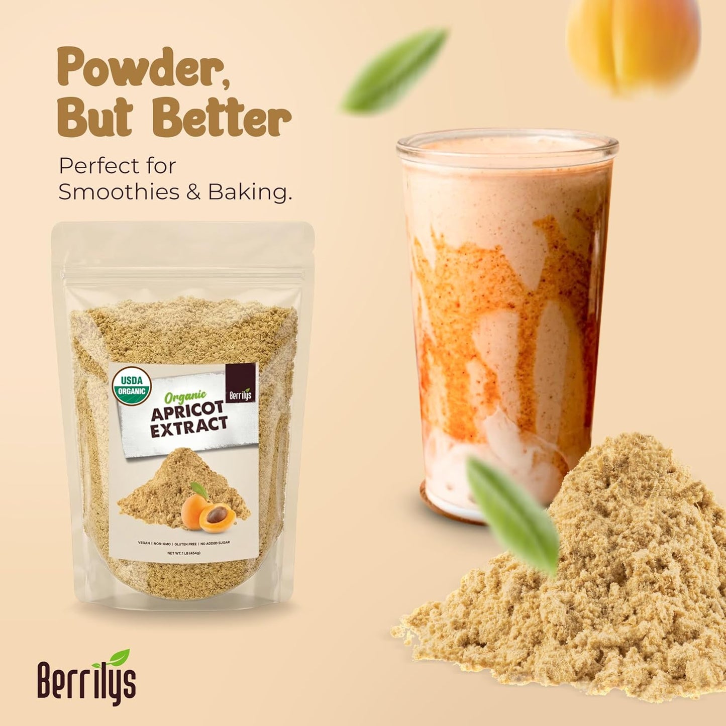 Berrilys Organic Bitter Apricot Kernel Powder - Extract, Raw, Non-GMO and Vegan, 16 oz - High in Vitamin, Apricot pits, Kernels ideal for energy option, Natural Raw pits for Wellness Support