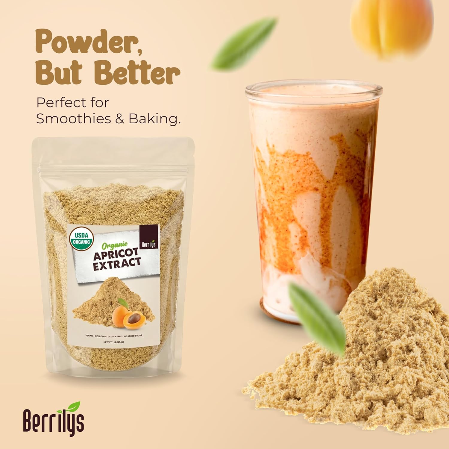 Berrilys Organic Bitter Apricot Kernel Powder - Extract, Raw, Non-GMO and Vegan, 16 oz - High in Vitamin, Apricot pits, Kernels ideal for energy option, Natural Raw pits for Wellness Support