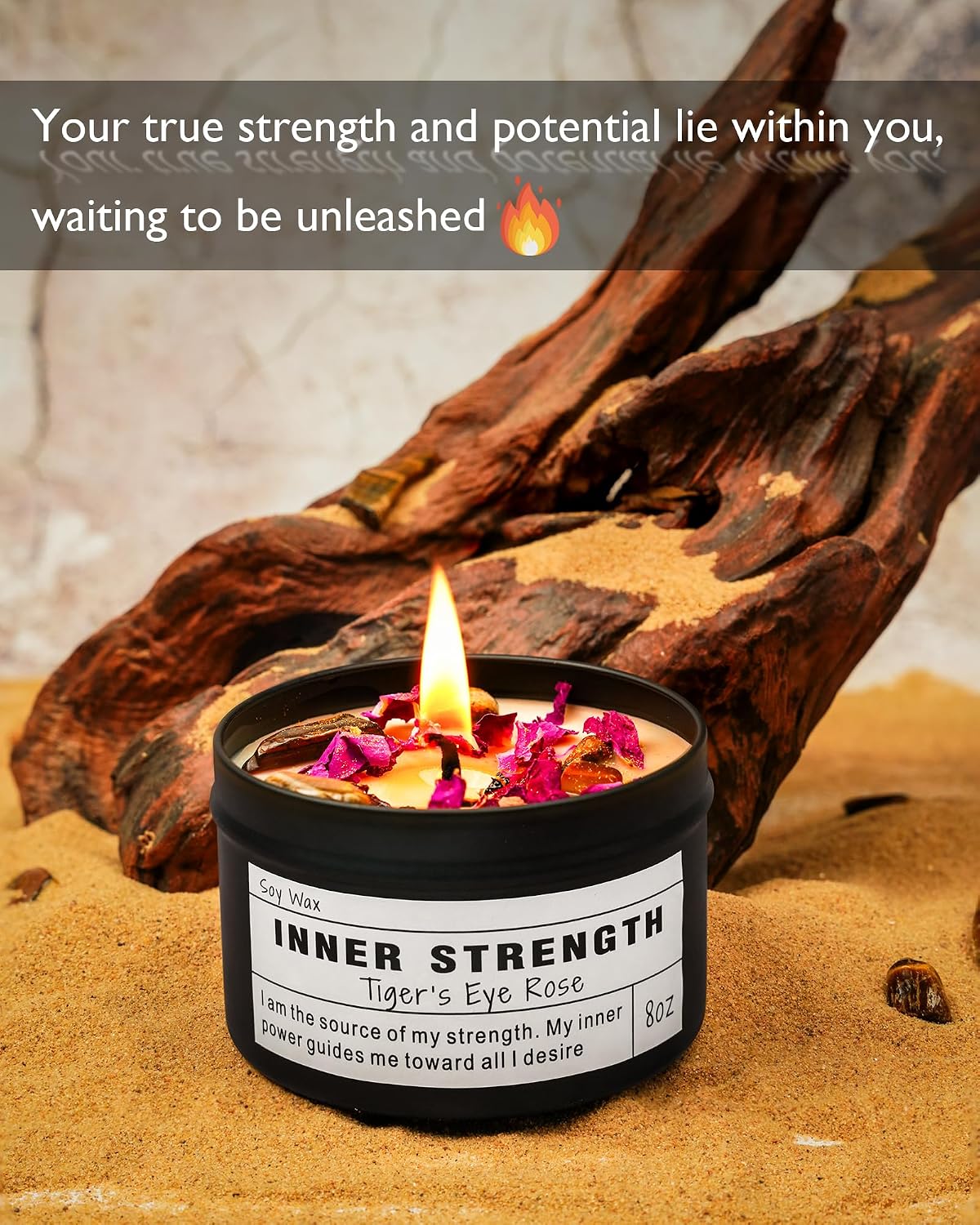 Inner Strength Soy Candle, Vegan Confidence, Focus Crystal, Empowerment Intention Gift, Grounding Meditation Candle. (8oz)