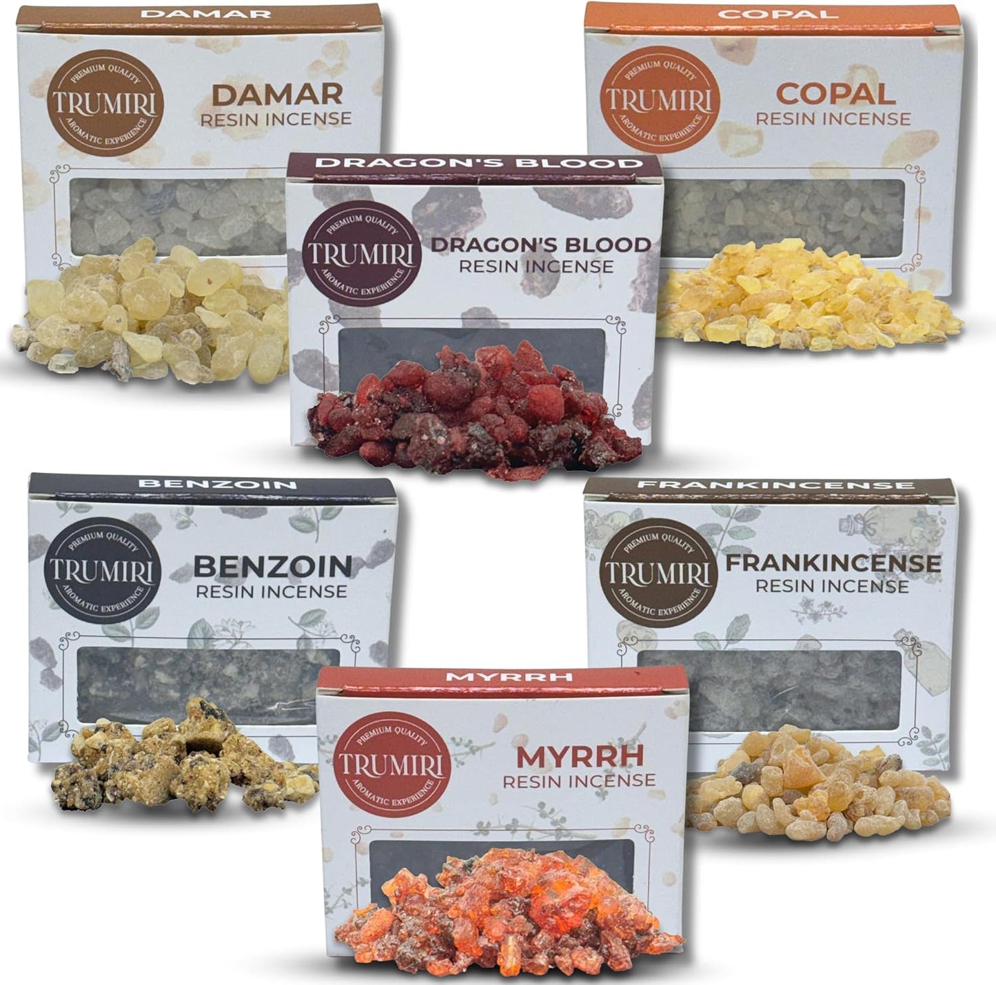 Resin Incense - Natural Tree Gum Sap - 6x30g Variety Pack Including Frankincense and Myrrh Copal Benzoin Dragon's Blood Damar