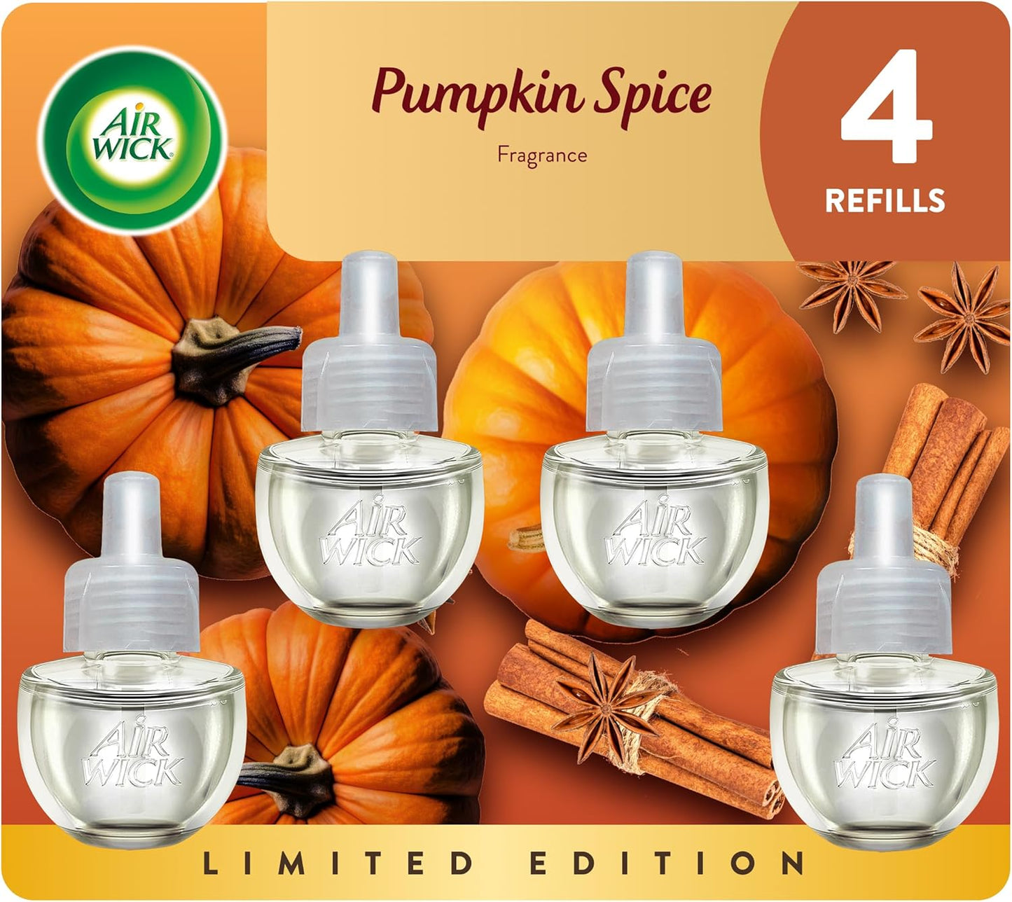 Air Wick Plug-In Scented Oil Refills, 4 Count, Pumpkin Spice, Air Freshener, Essential Oils, Eco Friendly