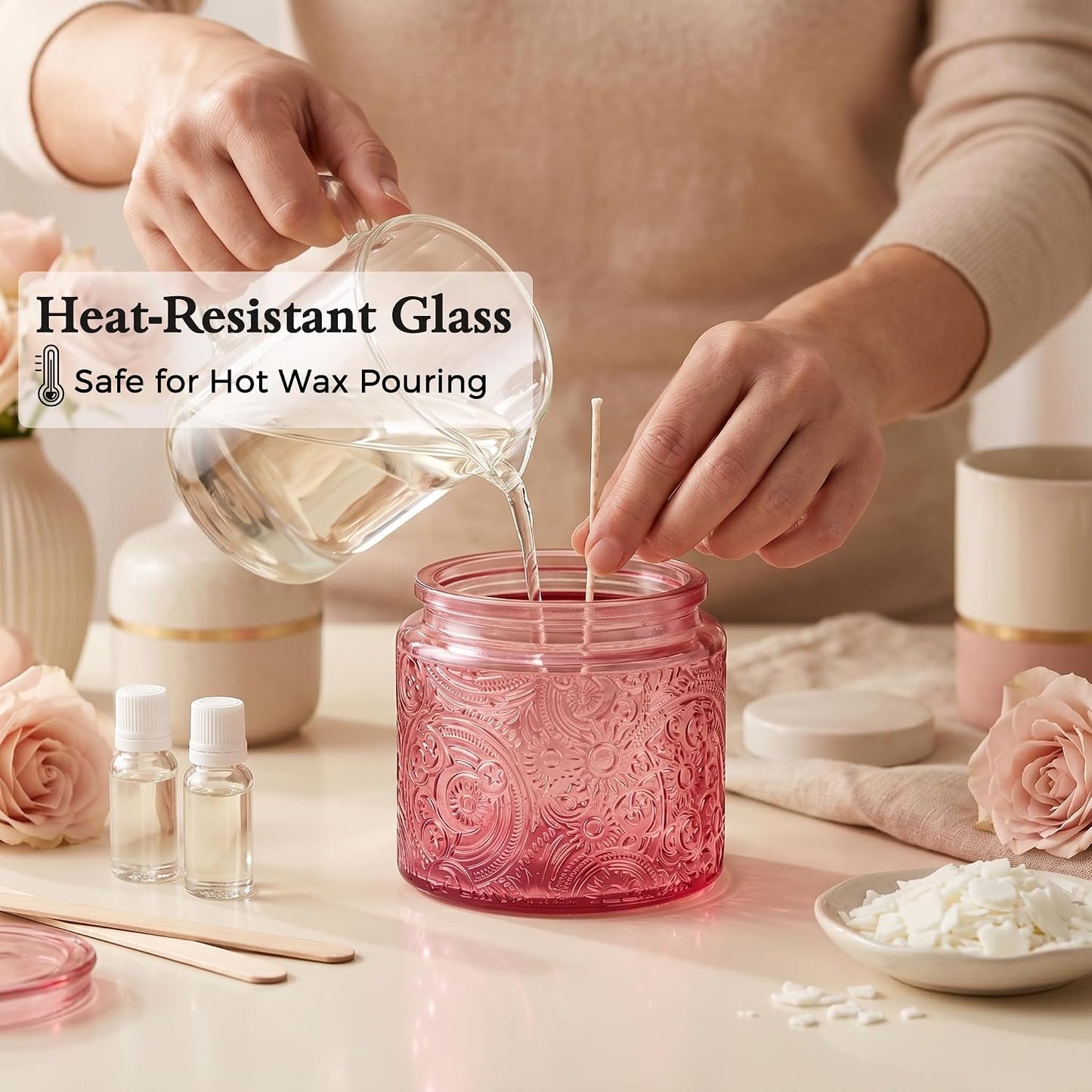 10 oz Pink Sun Moon Stars Candle Jars with Metal Lids, 9 Pack | Patented Embossed Design, Includes Wick Centering Devices & Warning Labels, Multiple Color Options