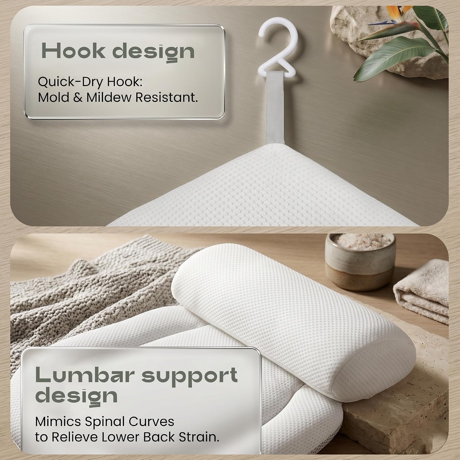 Luxury Full Body Bath Pillow for Tub - 4D Air Mesh Bathtub Cushion Mat with Extra Thick Neck, Back & Lumbar Support - Ergonomic Spa Pillow for Headrest & Shoulder Relief, Non-Slip, White