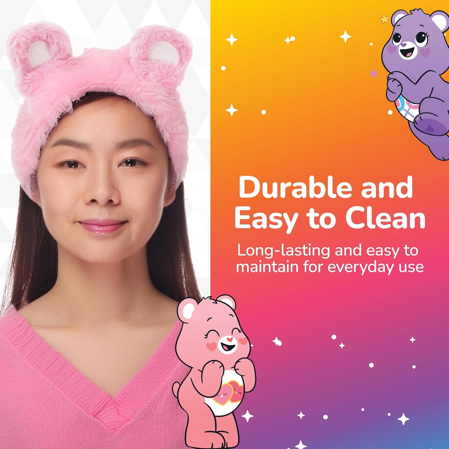 Care Bears Skincare Headband, Cheer Bear Pink Spa Hair Band with 3D Ears for Face Wash, Makeup, and Skin Care Routine
