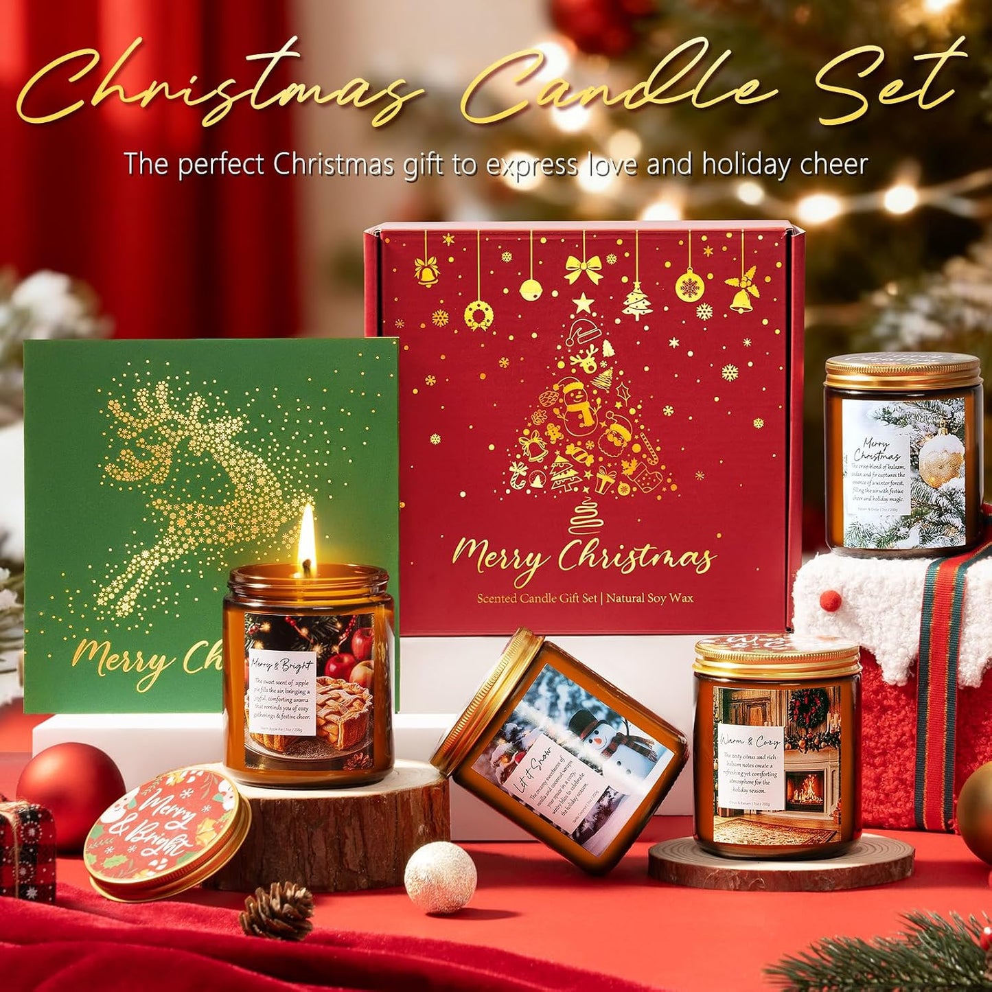 Christmas Candles Set, 4 Pack Xmas Scented Candles for Women, Winter Soy Candle for Home Scented Holiday Candle Gift Set, Christmas Gifts for Women Men- Balsam Cedar/Apple Pie/Citrus/Vanilla Coconut