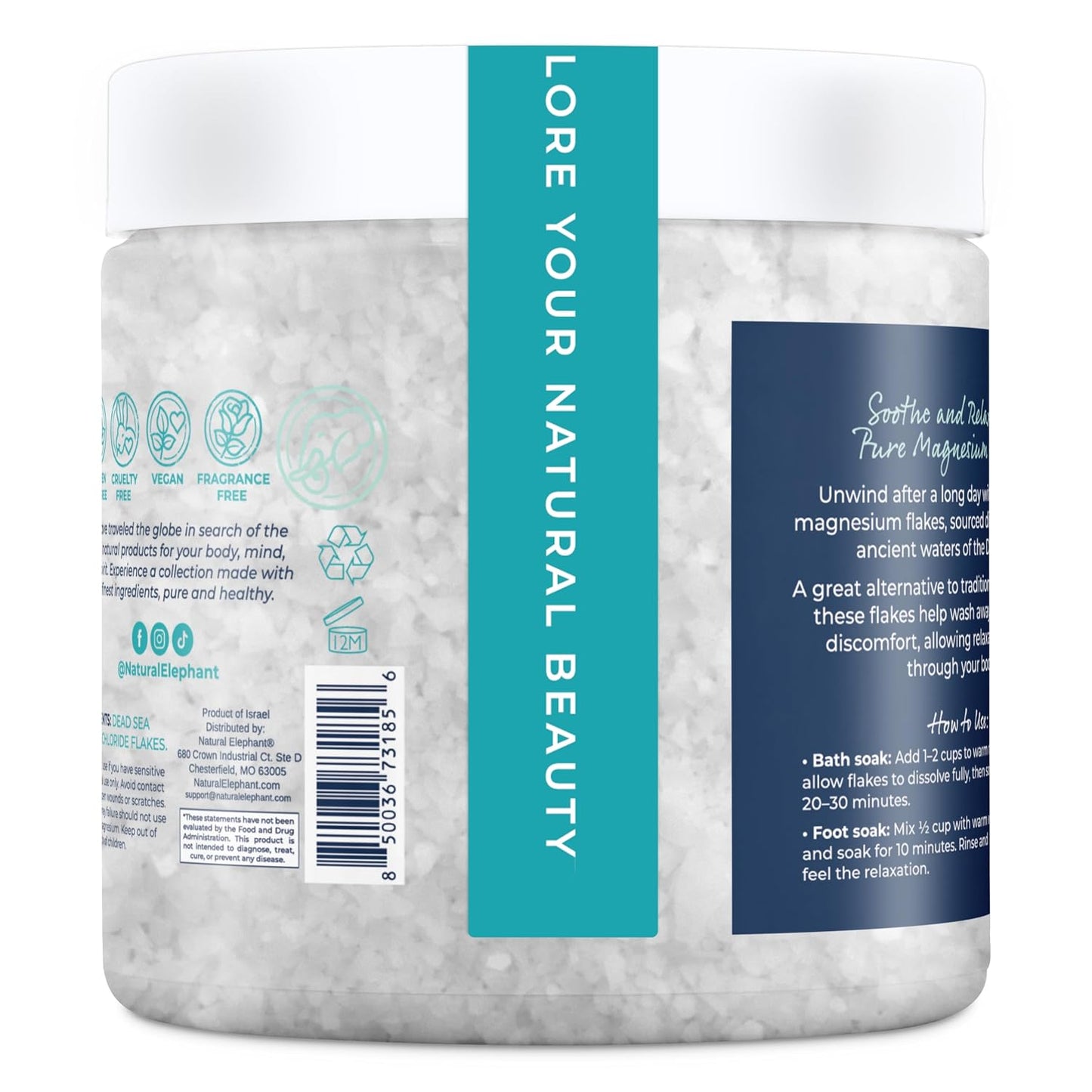 Natural Elephant Dead Sea Magnesium Bath Flakes | Pure Magnesium Chloride Soak for Body and Foot | Ideal for a Soothing Bath Experience | Alternative to Epsom Salt (12 oz Jar)
