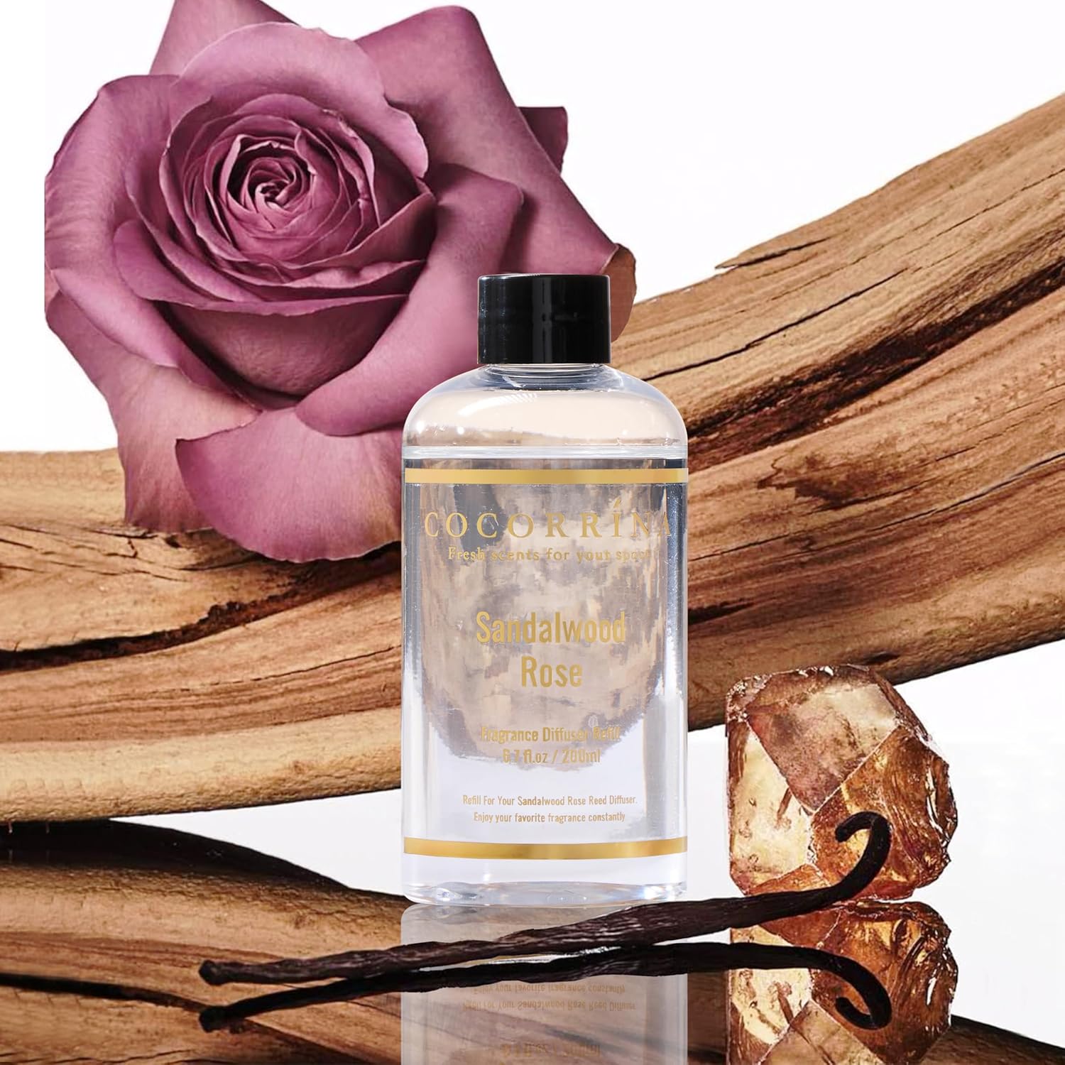 COCORRÍNA Refill - Sandalwood Rose 6.7 Fl.oz Reed Diffuser Refill with 8 Sticks