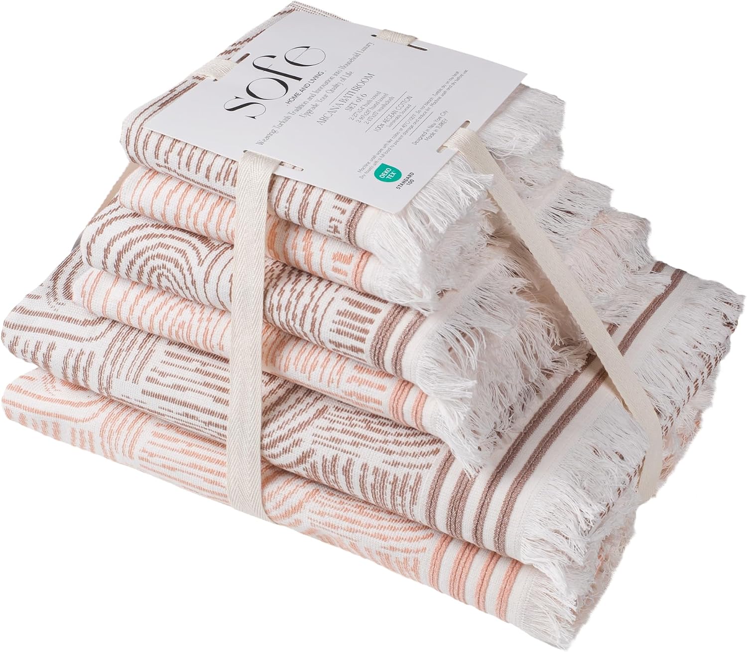 SOFE H&L | Arcana Luxury Turkish Cotton Towels Set of 6 (2 Bath Towels 2 Hand Towels 2 Wash Cloths) Macaron & Coffee | Thin Bath Towels, Durable, Absorbent - Hotel Quality Towel Sets for Bathroom
