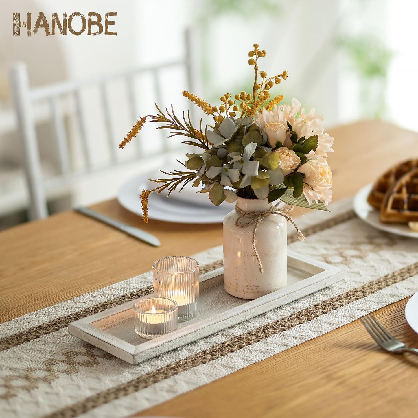 Hanobe Candle Tray Decorative Rectangle: Rustic Long Narrow Farmhouse Centerpiece Trays Whitewashed Wood Candles Holder Plate for Kitchen Coffee Table Dining Room Home Decor