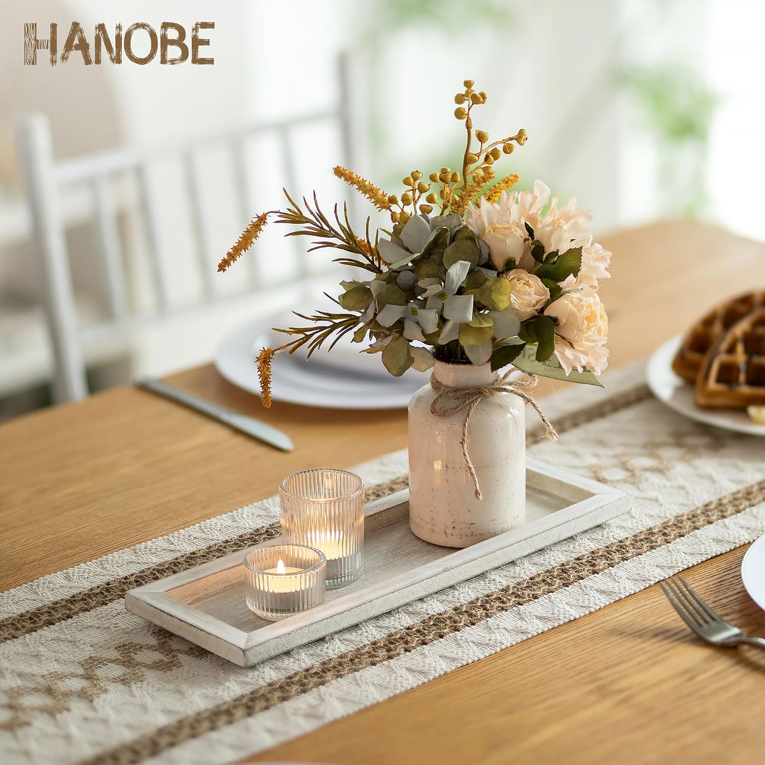 Hanobe Candle Tray Decorative Rectangle: Rustic Long Narrow Farmhouse Centerpiece Trays Whitewashed Wood Candles Holder Plate for Kitchen Coffee Table Dining Room Home Decor