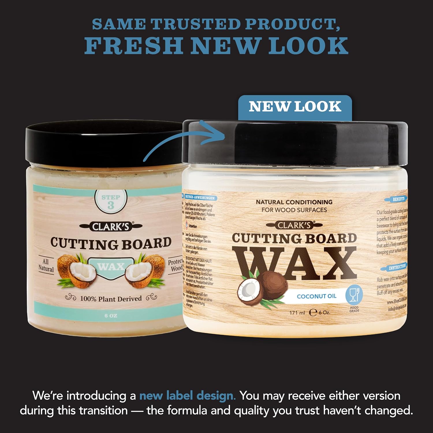 CLARK'S Cutting Board Wax - 2-in-1 Wood Butter & Organic Coconut Oil with Beeswax for Wooden Kitchen Utensils – Butcher Block Conditioner for Charcuterie & Cutting Boards – Made in USA, 6oz
