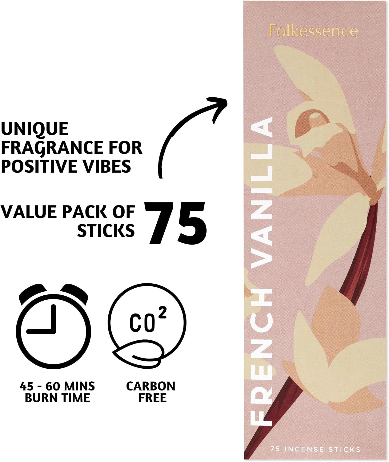 Folkulture Incense Sticks (75 Sticks) |8" Premium French Vanilla Incense Sticks For Meditation, Aromatherapy, Stress Relief Gifts | No Charcoal,Organic, Non Toxic, 45 Mins, Long Burning Insence-Sticks