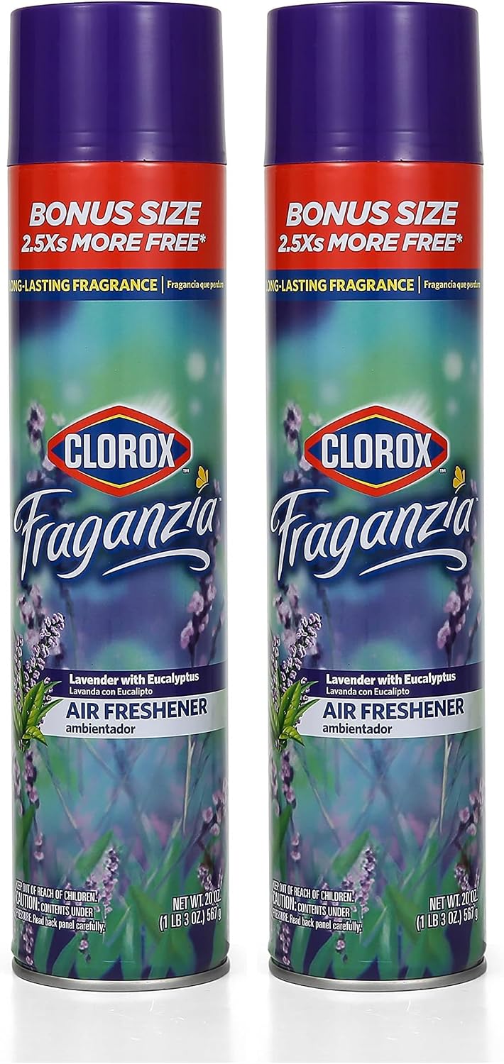 Clorox Fraganzia Aerosol Air Freshener in Lavender with Eucalyptus Scent | Long-Lasting Air Freshener Spray | 20 Oz Bonus Size | Room Air Freshener | Lavender Spray, Odor Eliminator (Pack of 2)