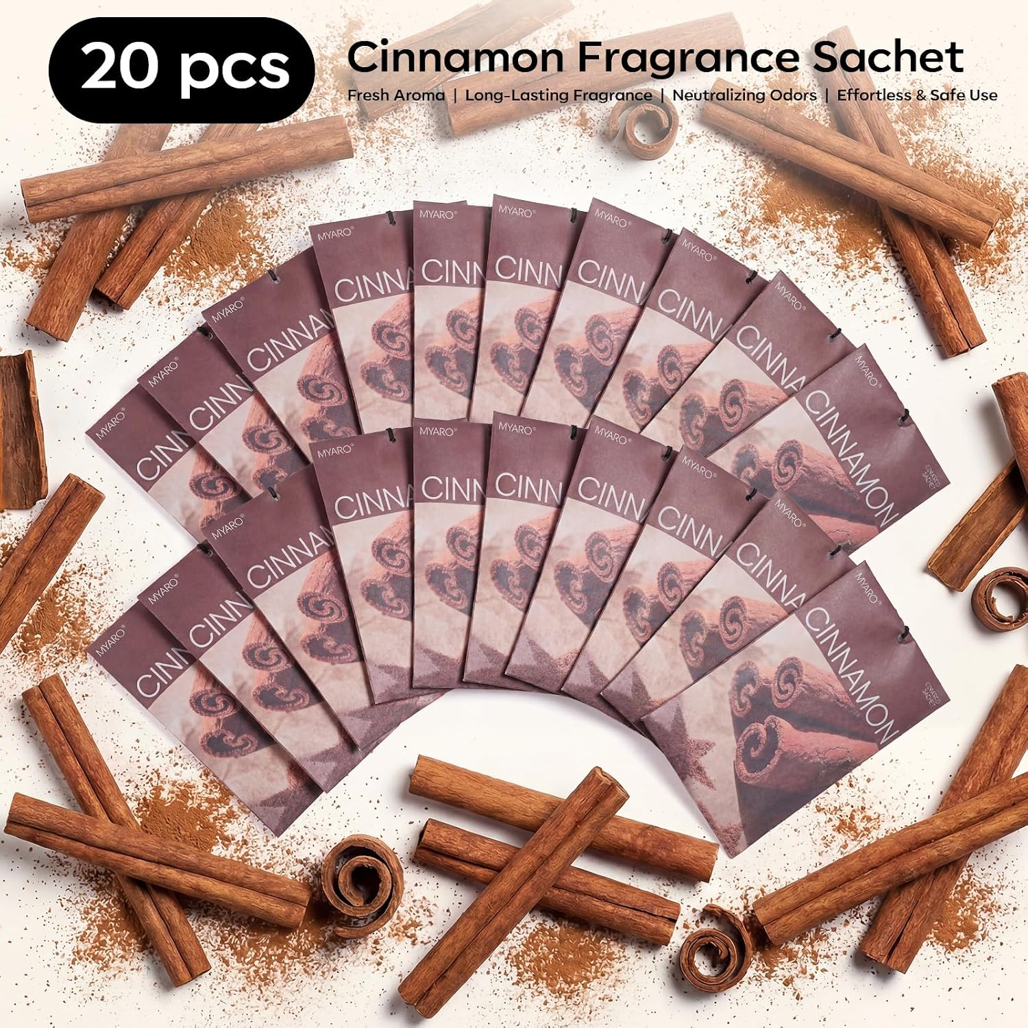 MYARO 20 Packs Cinnamon Scented Sachets, Warm Spicy Air Freshener Bags for Closet, Drawer, Kitchen & Car Odor Eliminator, Home Fragrance Potpourri Sachets