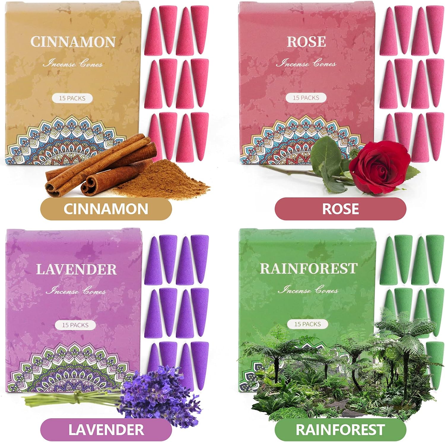 SCENTORINI Assorted Incense Variety Pack Gift Set with Holder - Scented Cones in Rose, Sage, Lavender, Violet, Cinnamon, Eucalyptus, Sandalwood, Rain Forest - 120 Cones Total