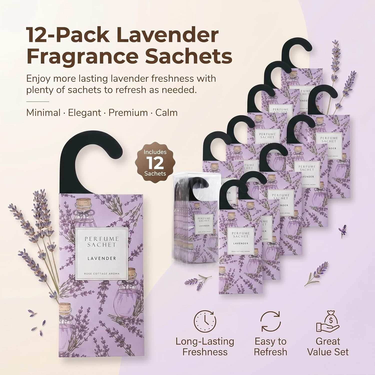 ROSE COTTAGE Large 12 Packs Lavender Hanging Closet Deodorizer Air Freshener Long Lasting Scented Sachets Smell Goods for House