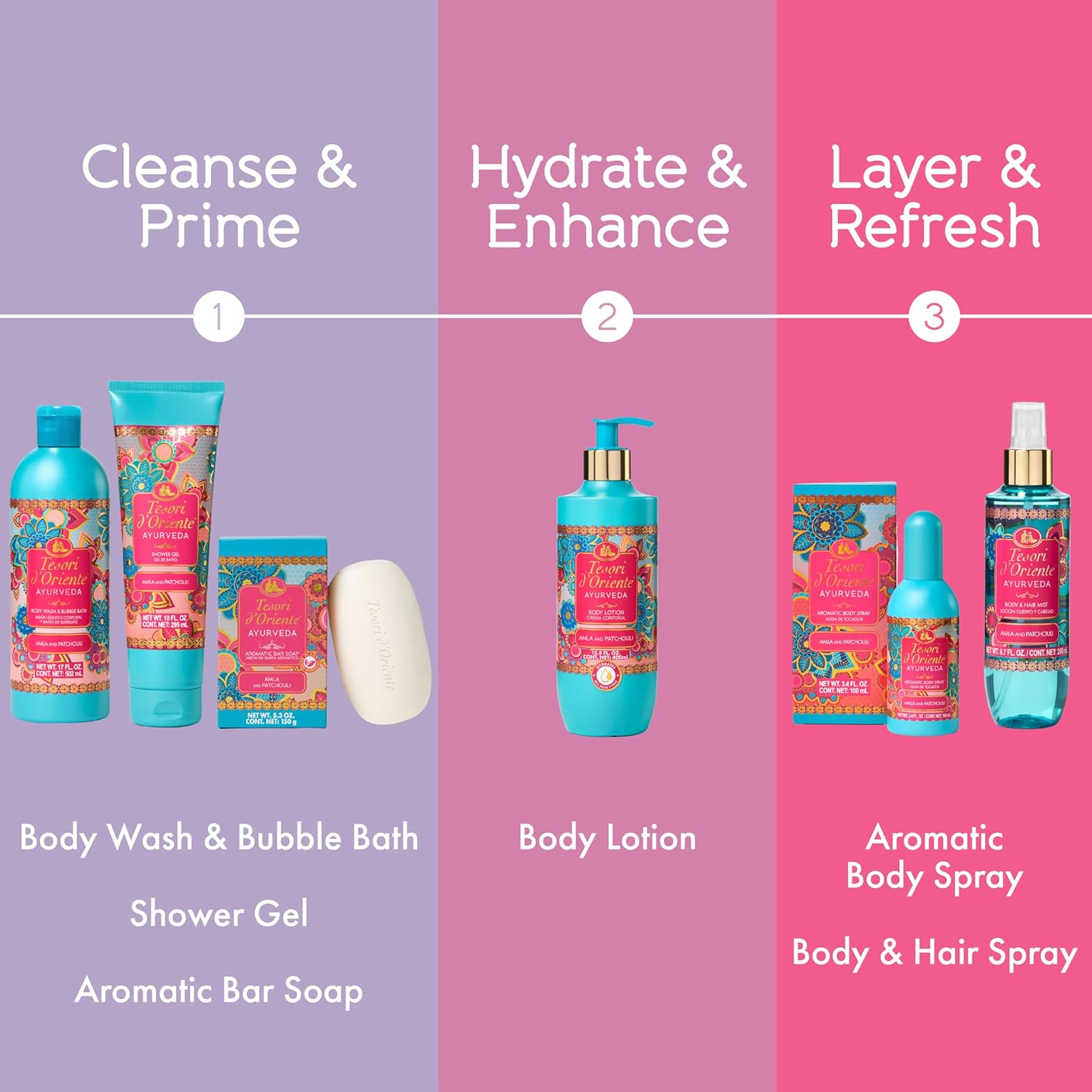 Tesori d’Oriente Ayurveda Body Wash & Bubble Bath, 17.5 fl oz, Gentle, Hydrating Shower Gel with Amla Oil & Vitamin-E, Warm Patchouli Citrus Scented, No Silicones, Parabens & Mineral Oil