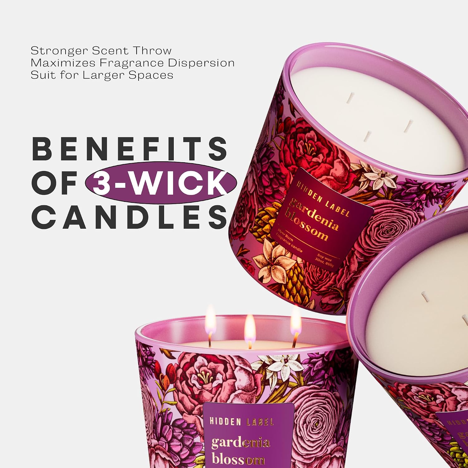 Hidden Label Gardenia Blossom Scented Candle, 30oz Large 3 Wick Natural Soy Wax Candle, 100 Hours Slow Burn Aromatherapy Candle for Stress Relief, Relax & Sleep, Gifts for Women & Men