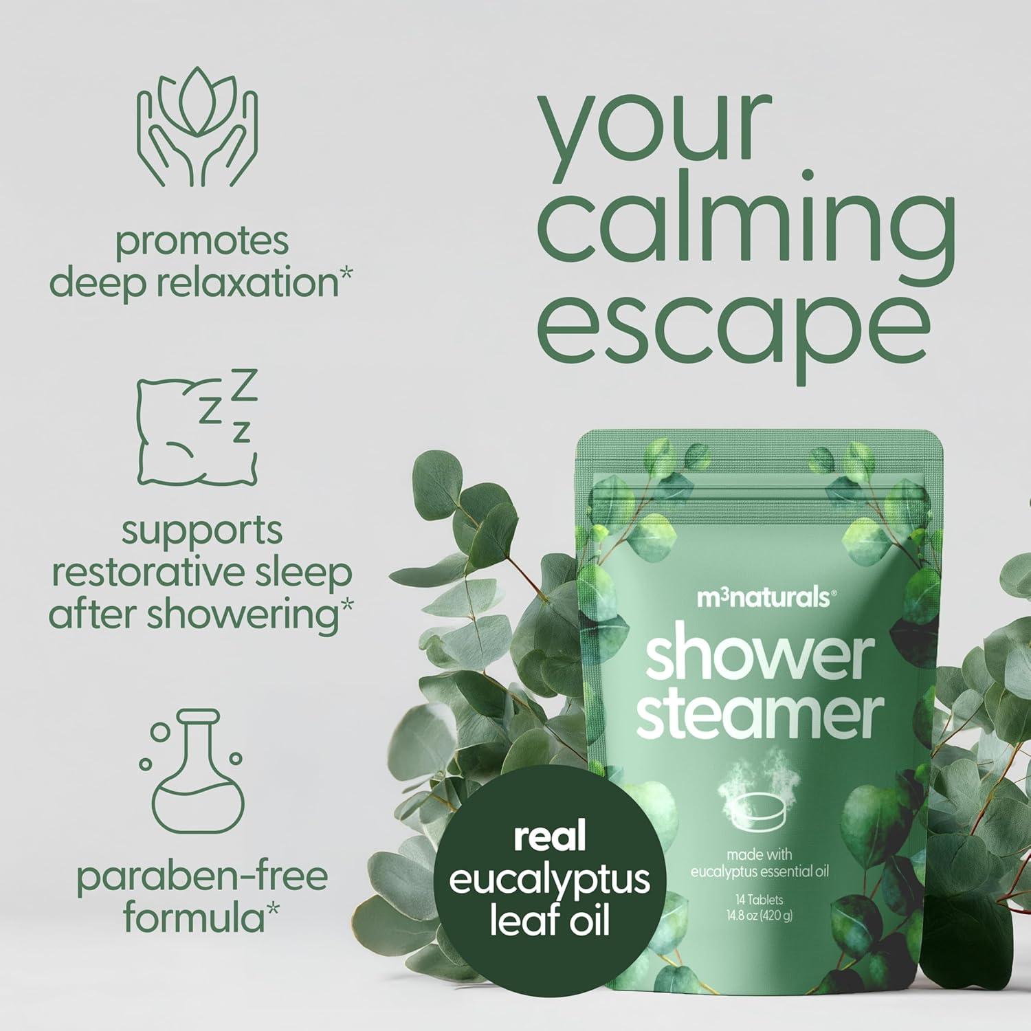 Eucalyptus Aromatherapy Shower Steamers – Supports Sinus Relief, Relaxation, Sleep, and Post-Workout Recovery – 14 Individually Wrapped Essential Oil Tablets by M3
