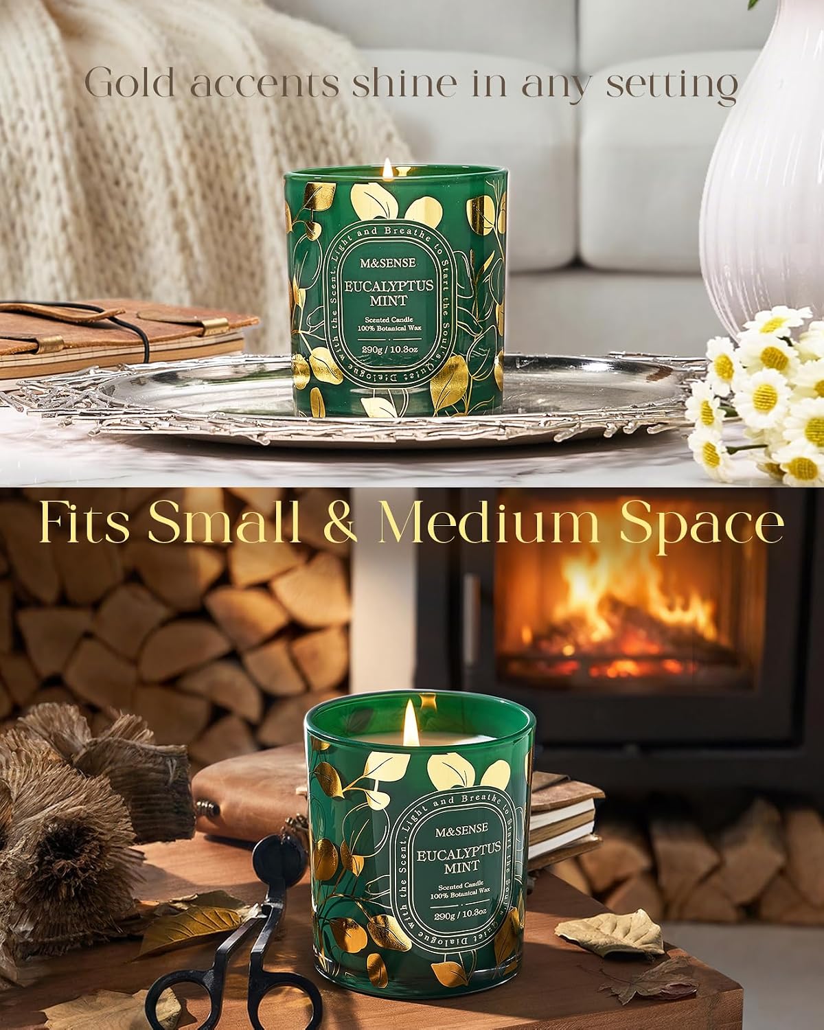 M&SENSE Eucalyptus Mint Scented Candle 10.3oz Golden Stamped | Non-Toxic Soy Wax, 55H Burn Time, Aromatherapy, Summer Cool Refresh & Spa Gift