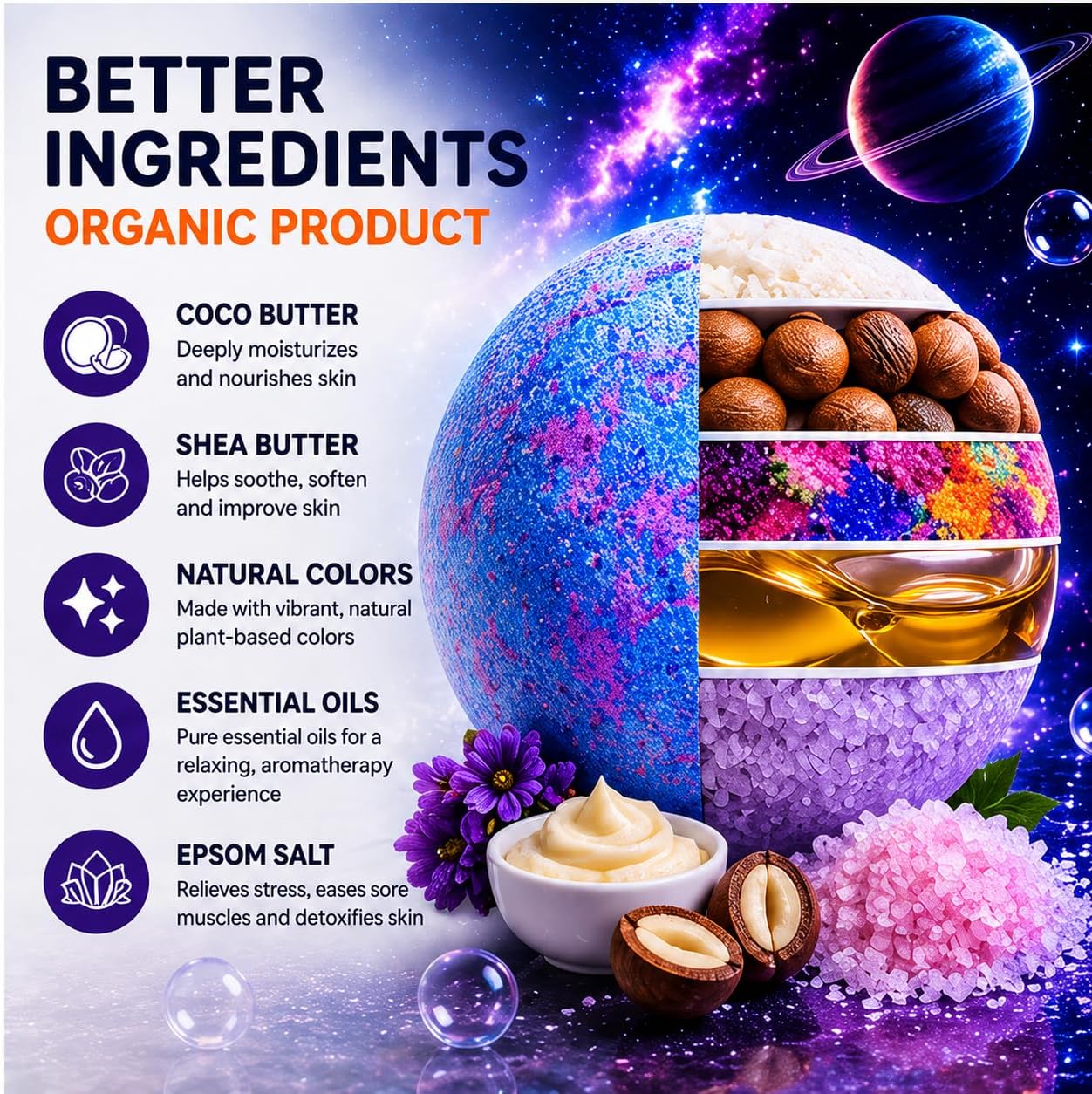 EvolutionUSA 6 Space Bath Bombs for Boys & Girls - Planet Bath Bombs Toy Inside, Organic Childrens Bathbomb Set, Cosmic Bath Fizzers, Kid Bath Bomb Gift for Valentines, Birthday, Christmas, Easter
