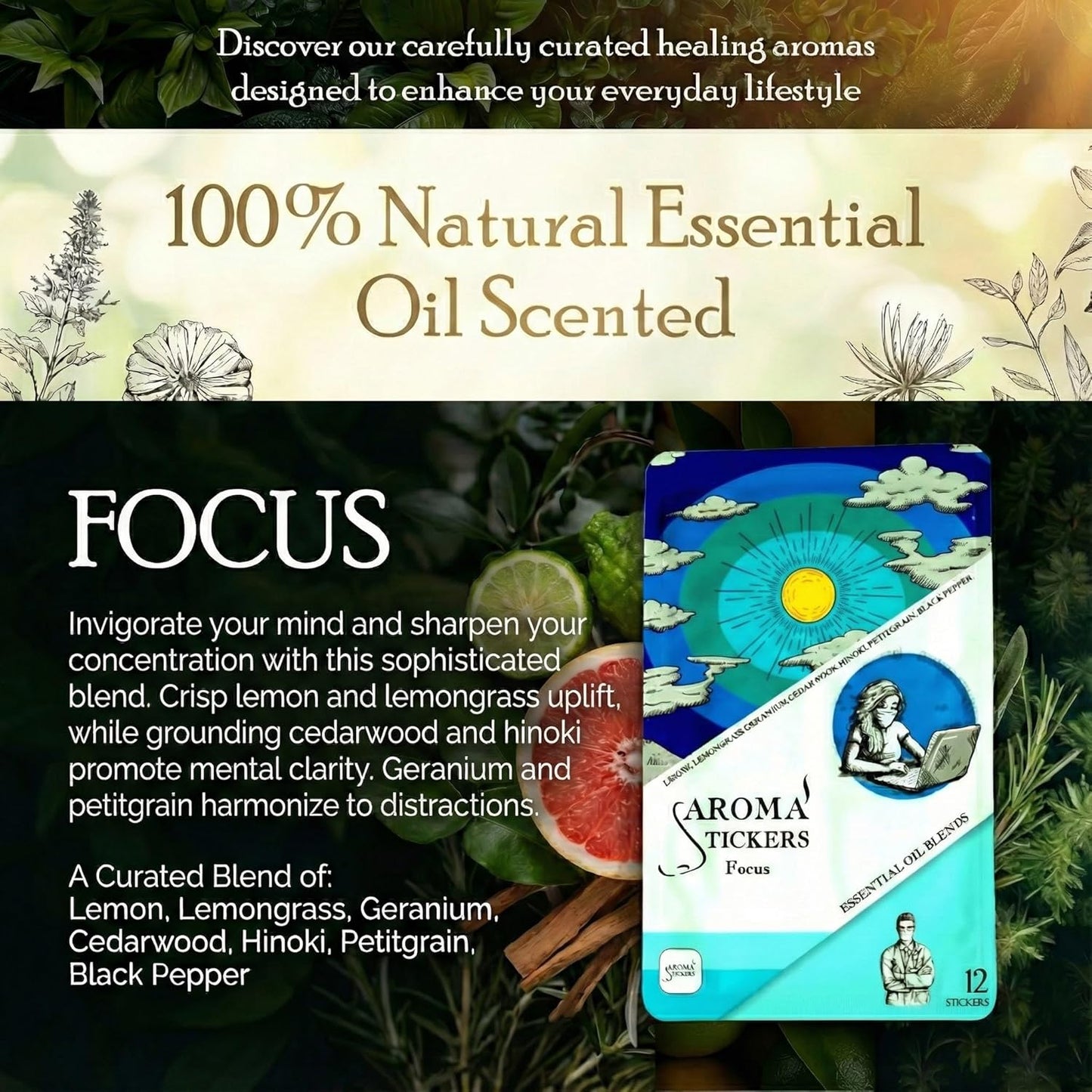 AROMA STICKERS® Original Blend Focus - 100% Natural Essential Oil Scented Sticker Diffuser - Aromatherapy for Personal Space - Face Mask & Pillow - (Pack of 3, 36 Stickers Total)