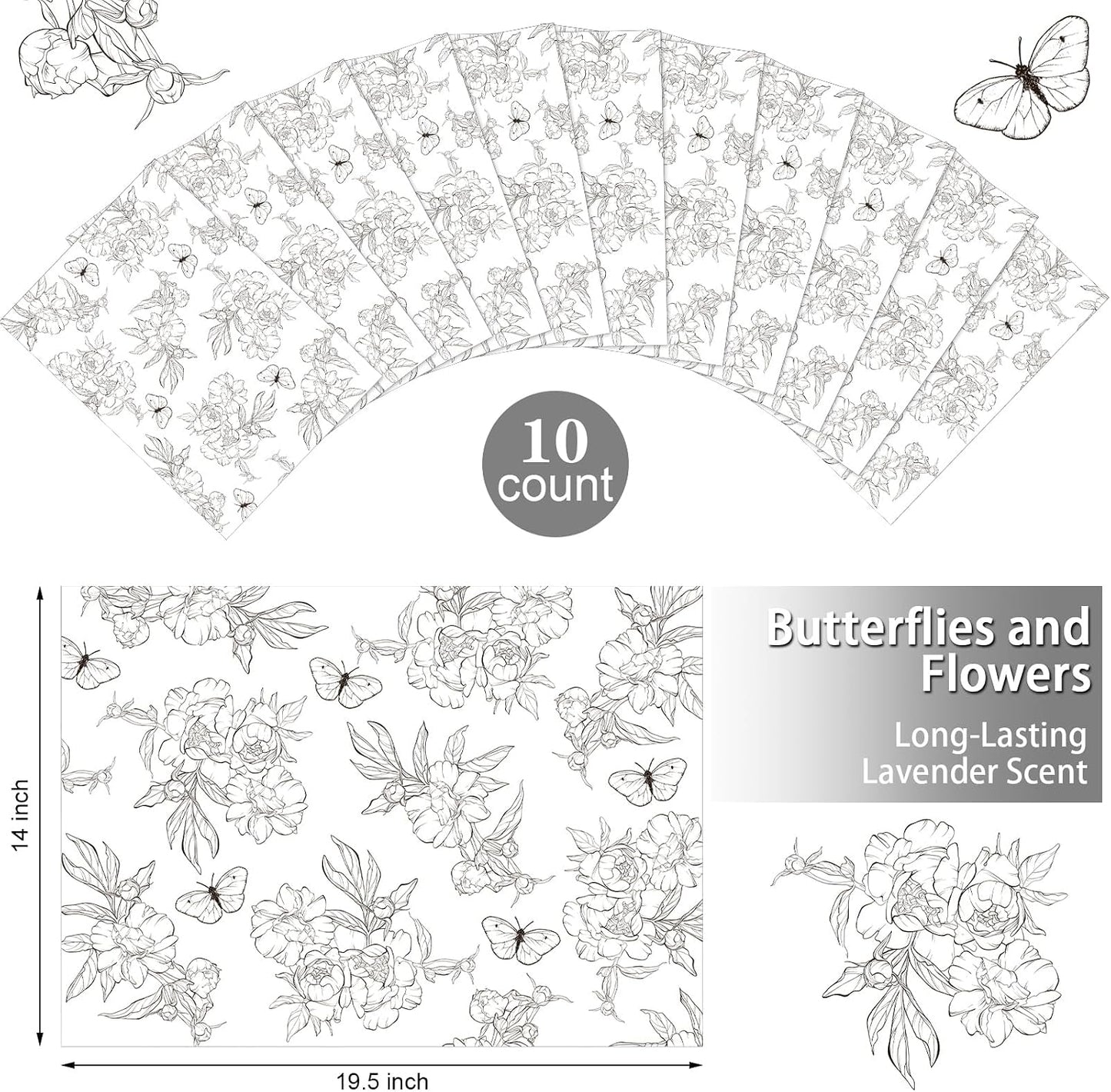 Geosar 10 Sheets Drawer Liners for Dresser Scented Drawer Liners Drawer Paper Liner Non Adhesive Scented Liners for Drawers Fragrant Drawer Liners for Home Shelf Closet (Butterfly,Linen Scent)