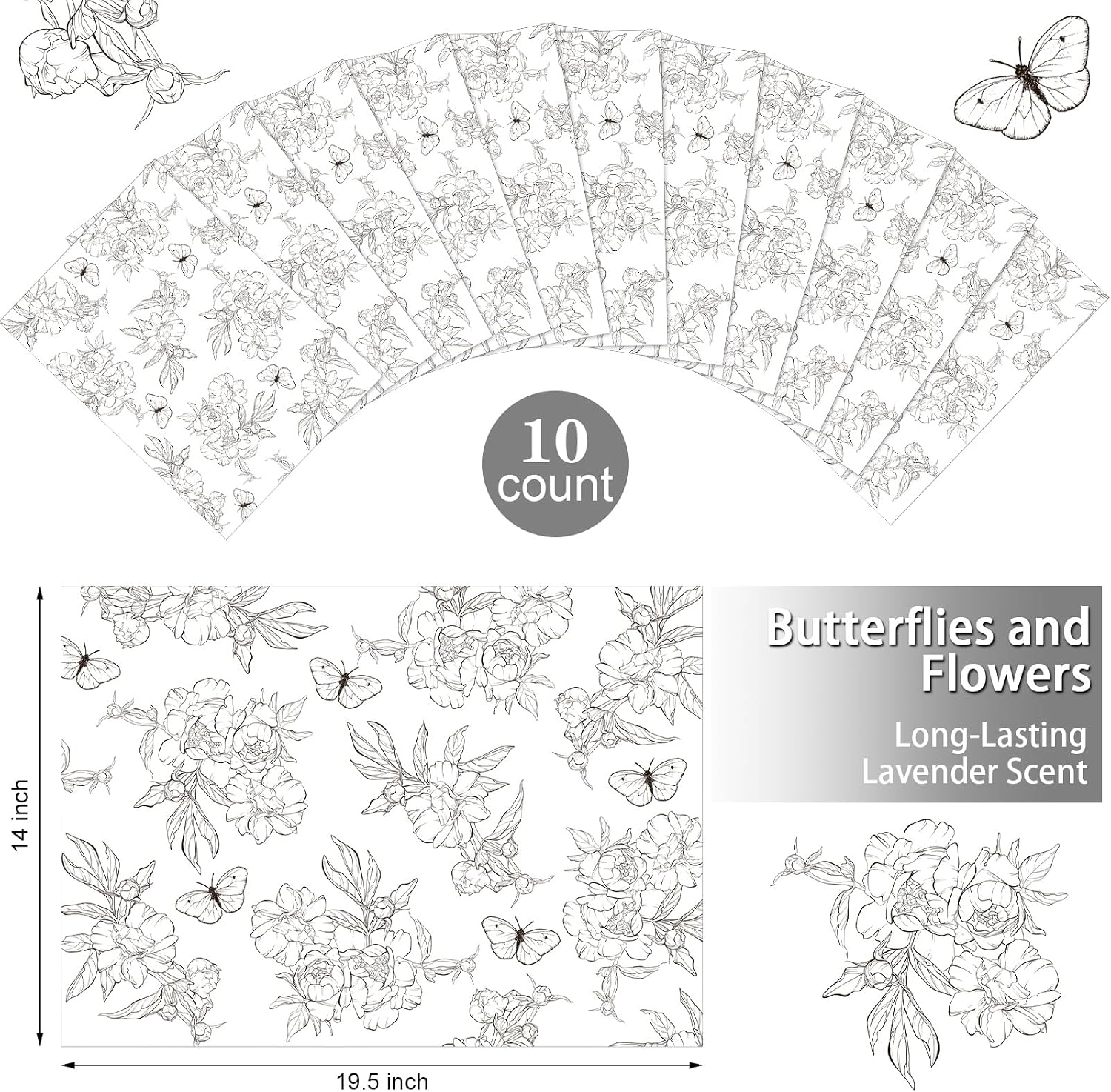 Geosar 10 Sheets Drawer Liners for Dresser Scented Drawer Liners Drawer Paper Liner Non Adhesive Scented Liners for Drawers Fragrant Drawer Liners for Home Shelf Closet (Butterfly,Linen Scent)