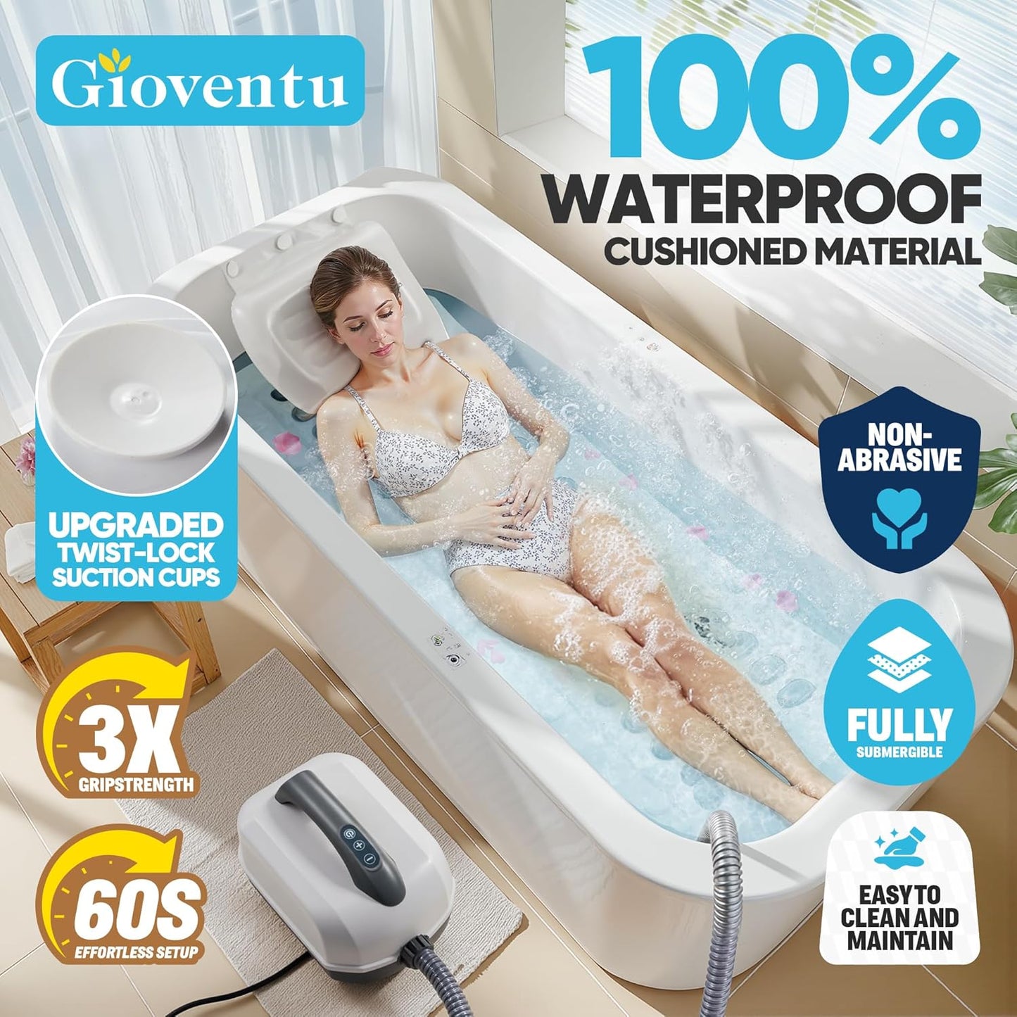 Bath Mat with Bubbles, 6-Speed Portable Bathtub Massager with Remote Control, Waterproof Non-Slip Spa Mat for Full Body Relaxation at Home
