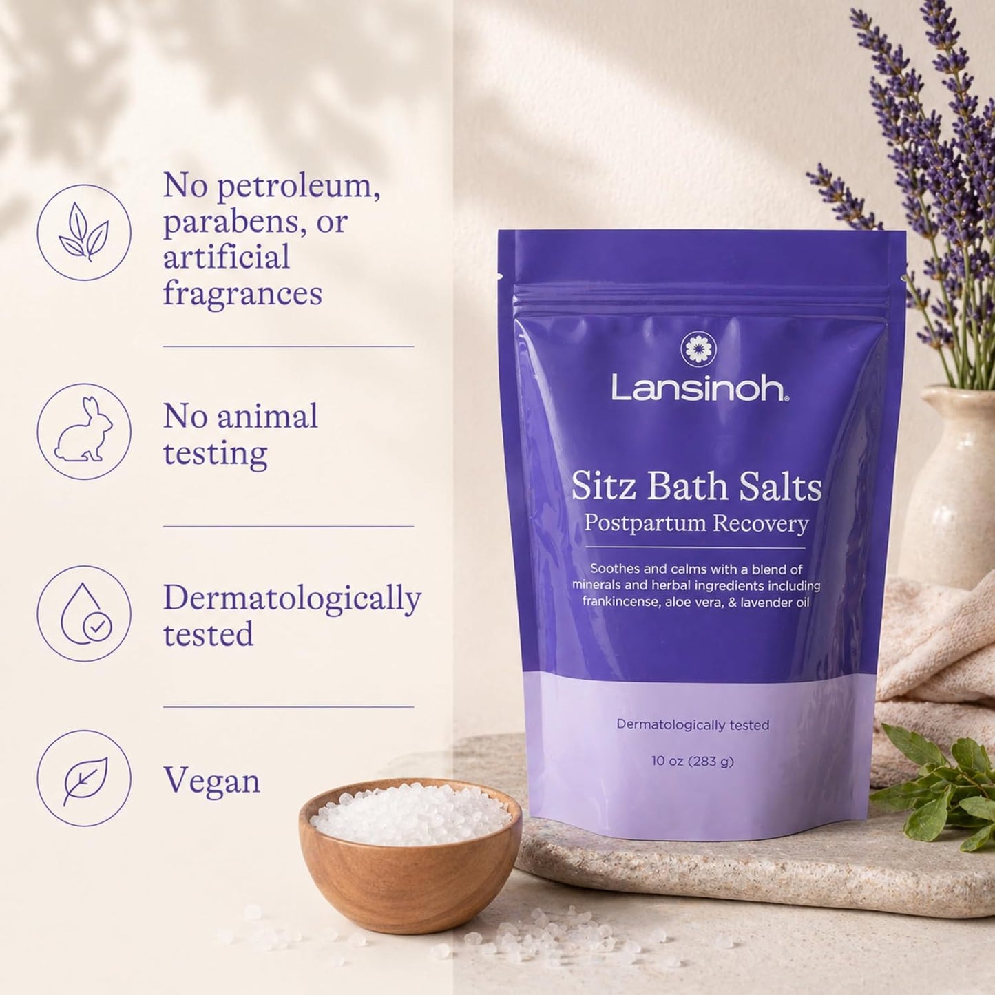 Lansinoh Sitz Bath Salts for Postpartum Care, Perineal Soak with Epsom Salt, Aloe Vera, Lavender & Frankincense Oil, 10 Ounces
