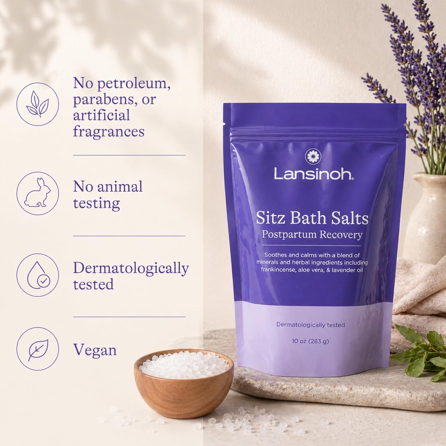 Lansinoh Sitz Bath Salts for Postpartum Care, Perineal Soak with Epsom Salt, Aloe Vera, Lavender & Frankincense Oil, 10 Ounces