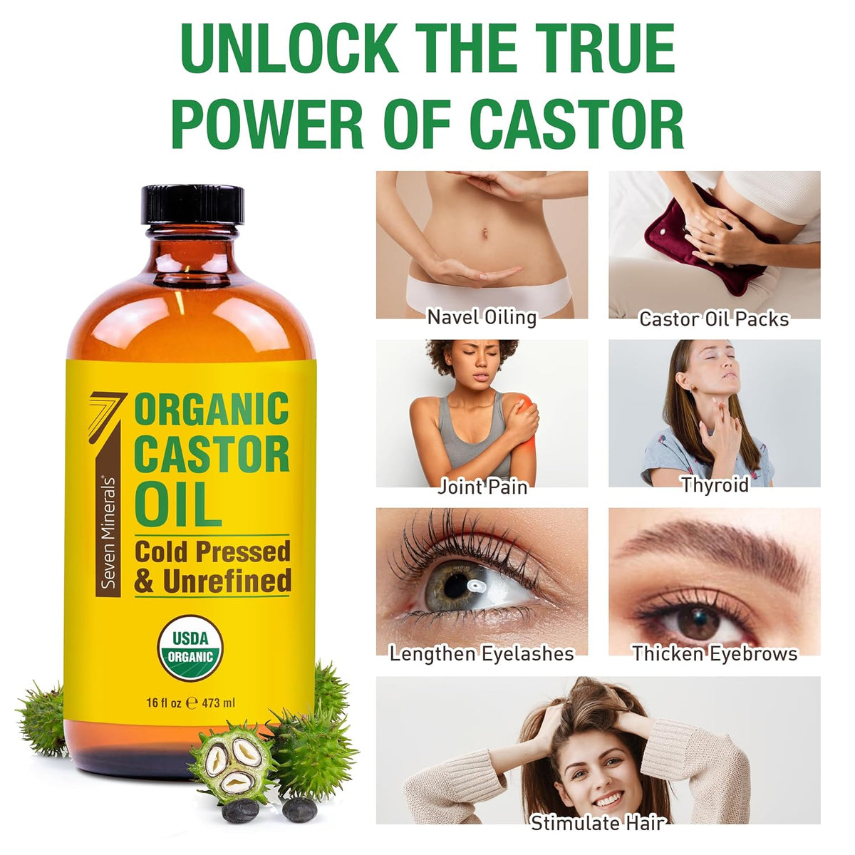 Seven Minerals USDA Organic Castor Oil - Big 16 oz Glass Bottle with Pump - 100% Pure Cold Pressed Unrefined Hexane Free - for Hair Growth, Eyelashes, Eyebrows, Skin, Cuticles &amp; Caster Oil Packs