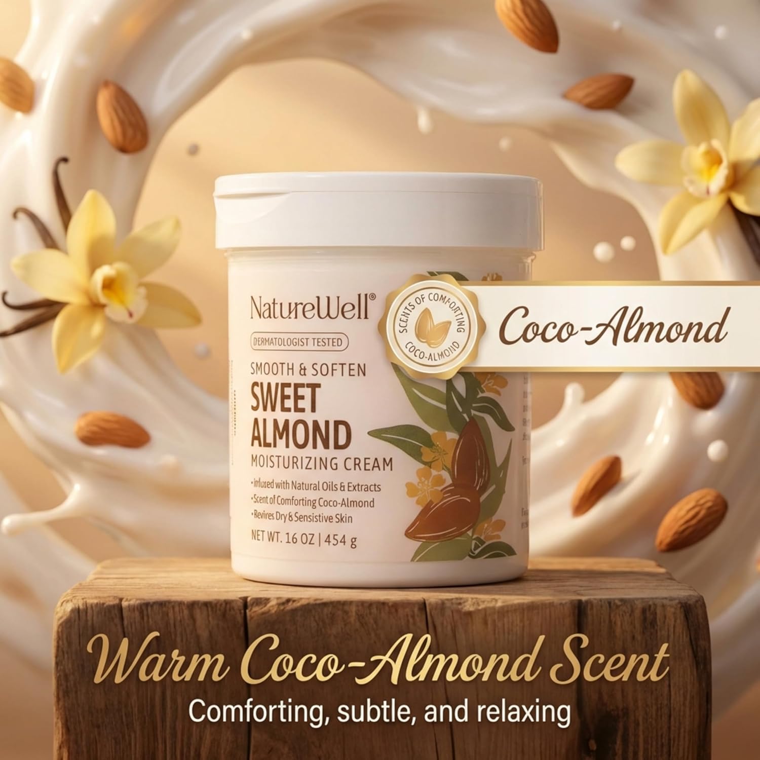 NATURE WELL Sweet Almond Body Cream, Moisturizing Cream for Dry & Sensitive Skin, Hydrating Body Moisturizer with Natural Oils & Extracts, Coco-Almond Scent, Dermatologist Tested, 16 Oz