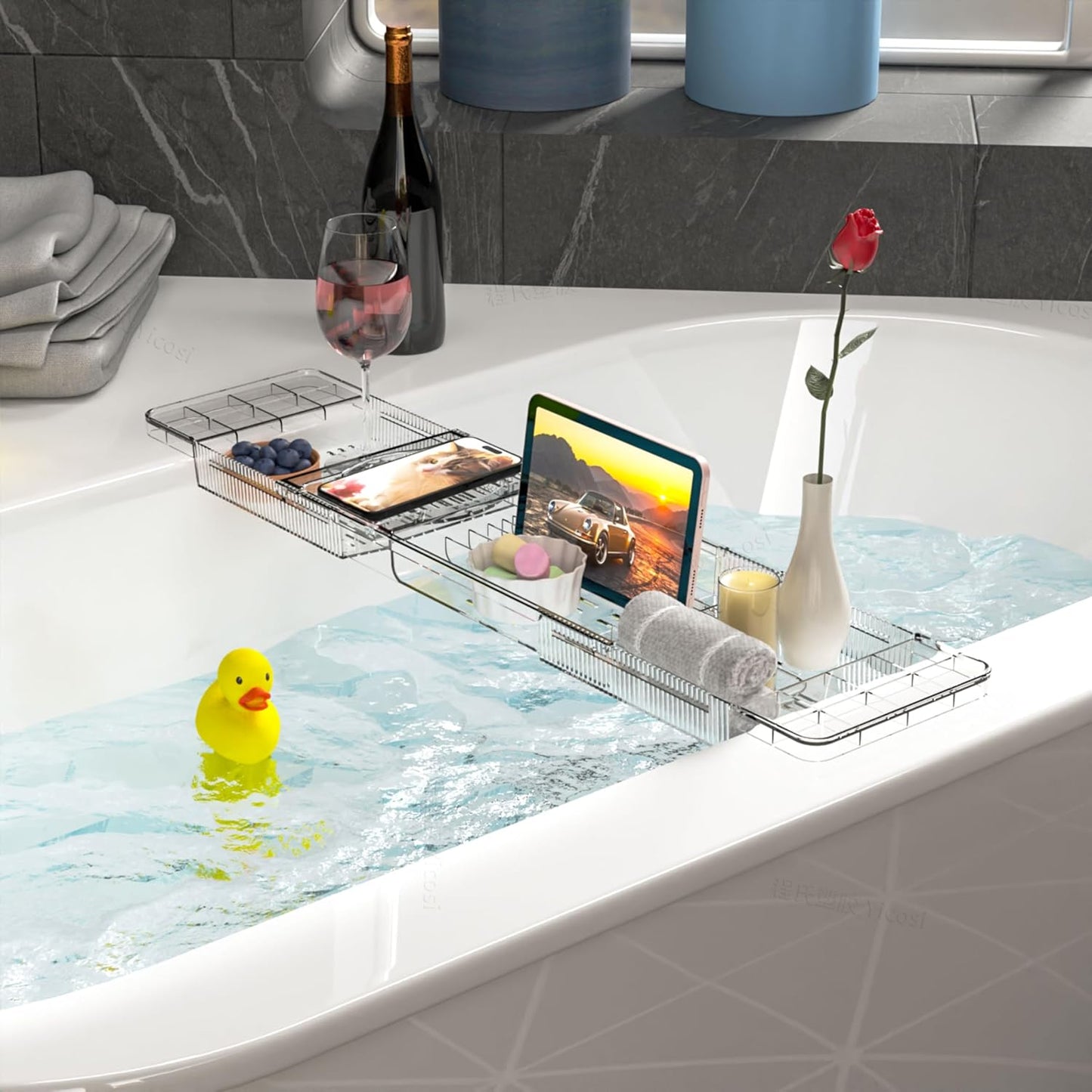 Yieach Luxury Tub Tray for Bathtub Expandable,Clear Bath Shelf Over Tub and Acrylic Bathtub Tray,Plastic Bath Board & Table,Bath Caddy Tray & Accessories for Mothers,Mom and Women Relaxing Spa Gifts