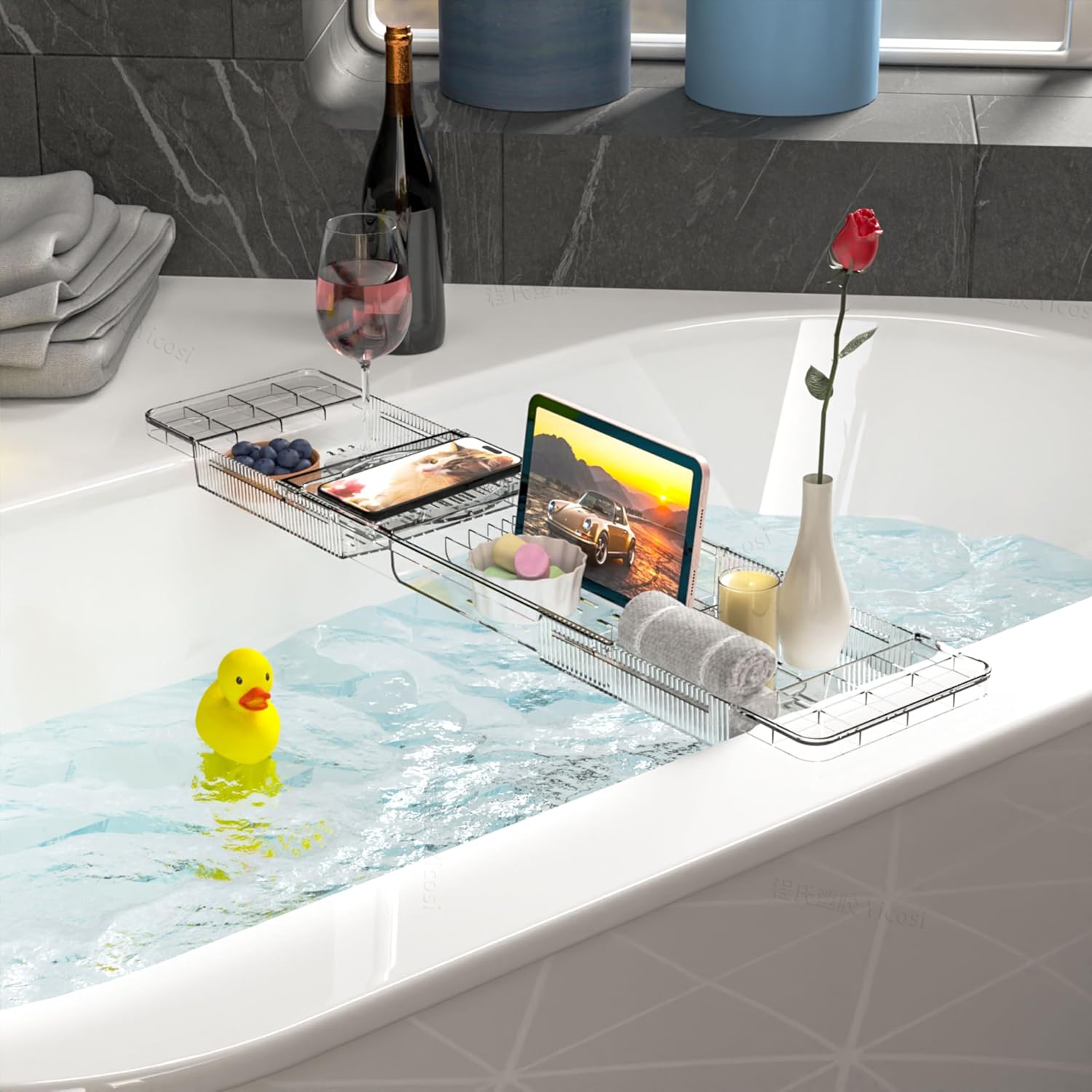 Yieach Luxury Tub Tray for Bathtub Expandable,Clear Bath Shelf Over Tub and Acrylic Bathtub Tray,Plastic Bath Board & Table,Bath Caddy Tray & Accessories for Mothers,Mom and Women Relaxing Spa Gifts