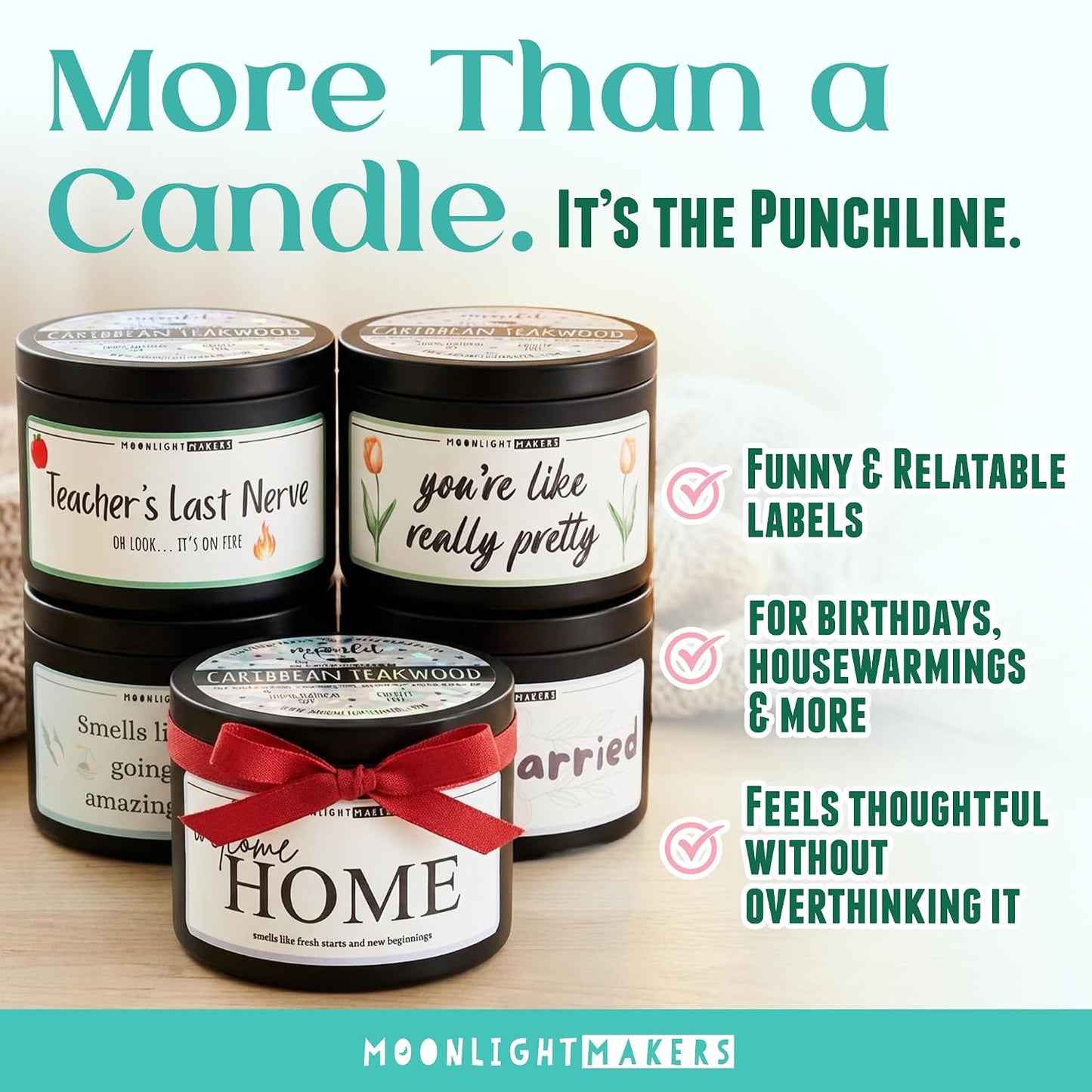 Moonlight Makers Happy Anniversary Caribbean Teakwood Scented Candle - Handmade Natural Soy Candle Wax, 25 Hour Burn Time, for Women, Unique Housewarming Gifts, Room Decor - 8oz Tin