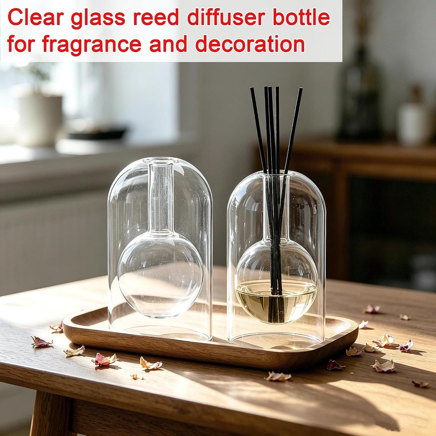 Empty Glass Reed Diffuser Bottles 2pcs Essential Oil Diffuser Jar 7oz/220ml Clear Double Wall Cylindrical Aromatherapy Container with Inner Round Chamber Modern Decorative Vase for Home Office Decor
