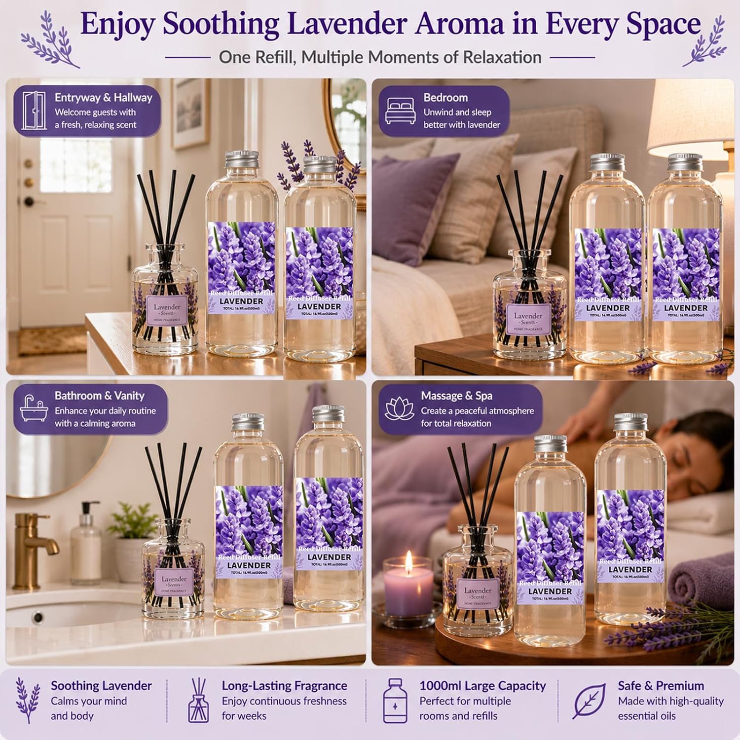 STRN Lavender Reed Diffuser Refill 1000ml Large Capacity with 12 Reed Sticks, Summer Aromatherapy for Home, Long-Lasting Fragrance for Living Room, Bedroom, Office, Bathroom