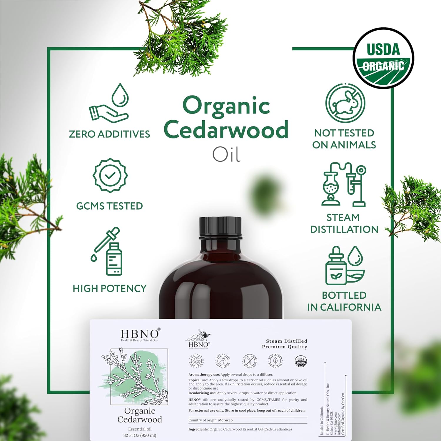 HBNO Organic Cedarwood Oil - Huge 32 oz (950ml) Large Size - Ideal for Diffusers, Cleaning Agents, Deodorizers.