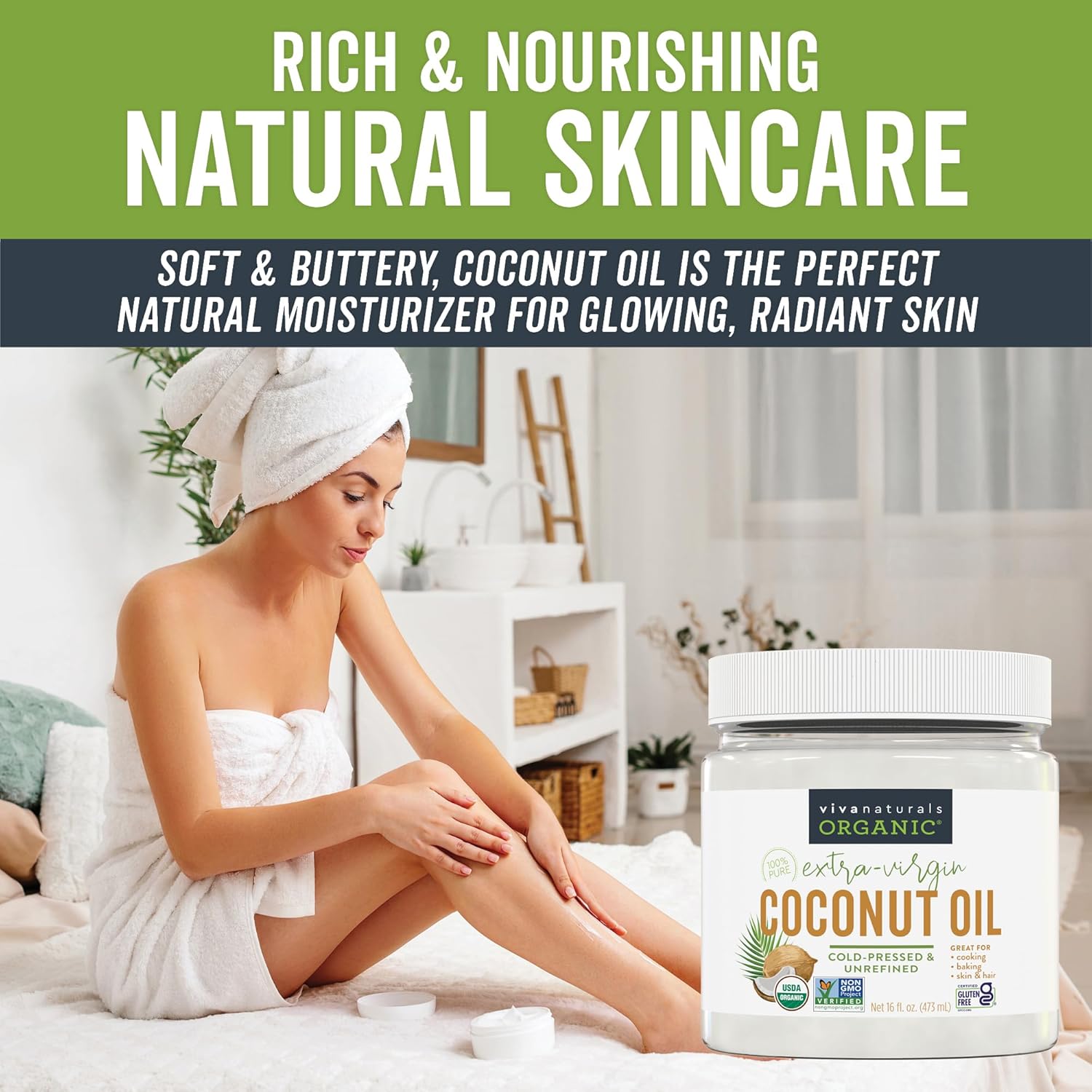 Viva Naturals Organic Coconut Oil, 16 fl oz – Unrefined, Cold-Pressed Extra Virgin Coconut Oil, USDA Organic & Non-GMO, Natural Cooking Oil, Hair Oil & Skin Oil