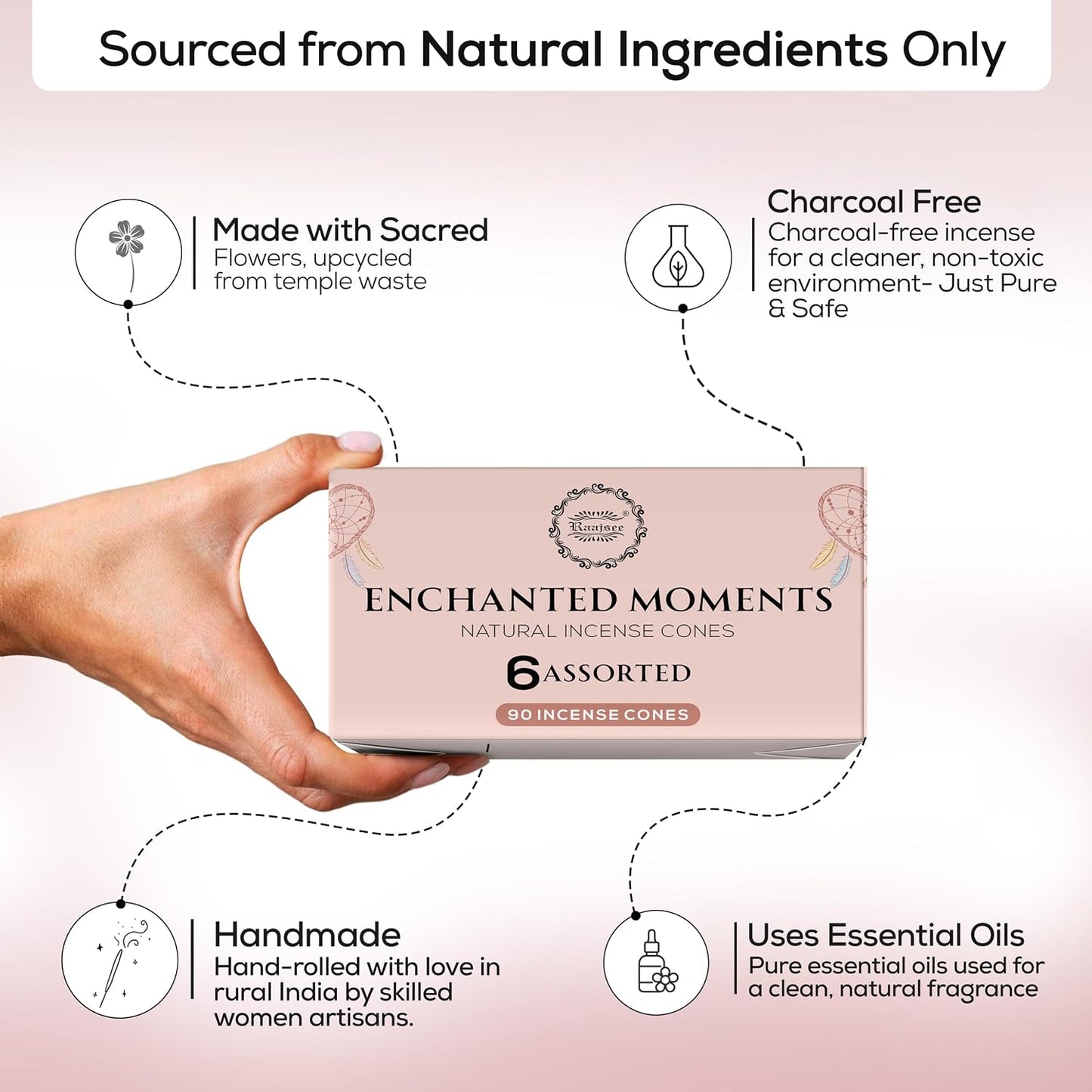 Natural Incense Cones, 6 Pack Enchanted Moments Cone Incense Gift Pack 15 pc Each (90 Total), Insence Cones 100% Organic Non Toxic Natural