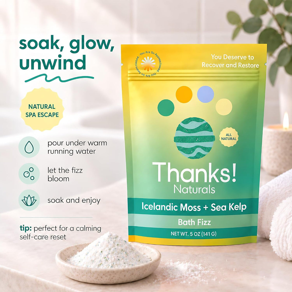 Bath Fizz, Icelandic Moss + Sea Kelp, Vegan &amp; Natural Bath Fizz with Sea Moss, Vitamin E, Shea Butter &amp; Himalayan Pink Salt, Spa at Home, Self Care Essential, Multiple Baths, 4 OZ