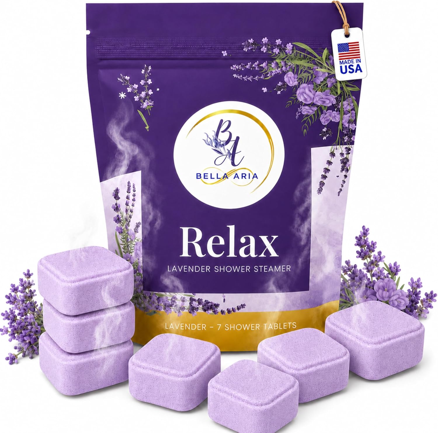 Lavender Shower Steamers Aromatherapy – 7 Long Lasting Essential Oil Shower Bombs – Large Spa Tablets for Relaxation & Bedtime Rituals – Made in USA, Self Care Gift for Men & Women